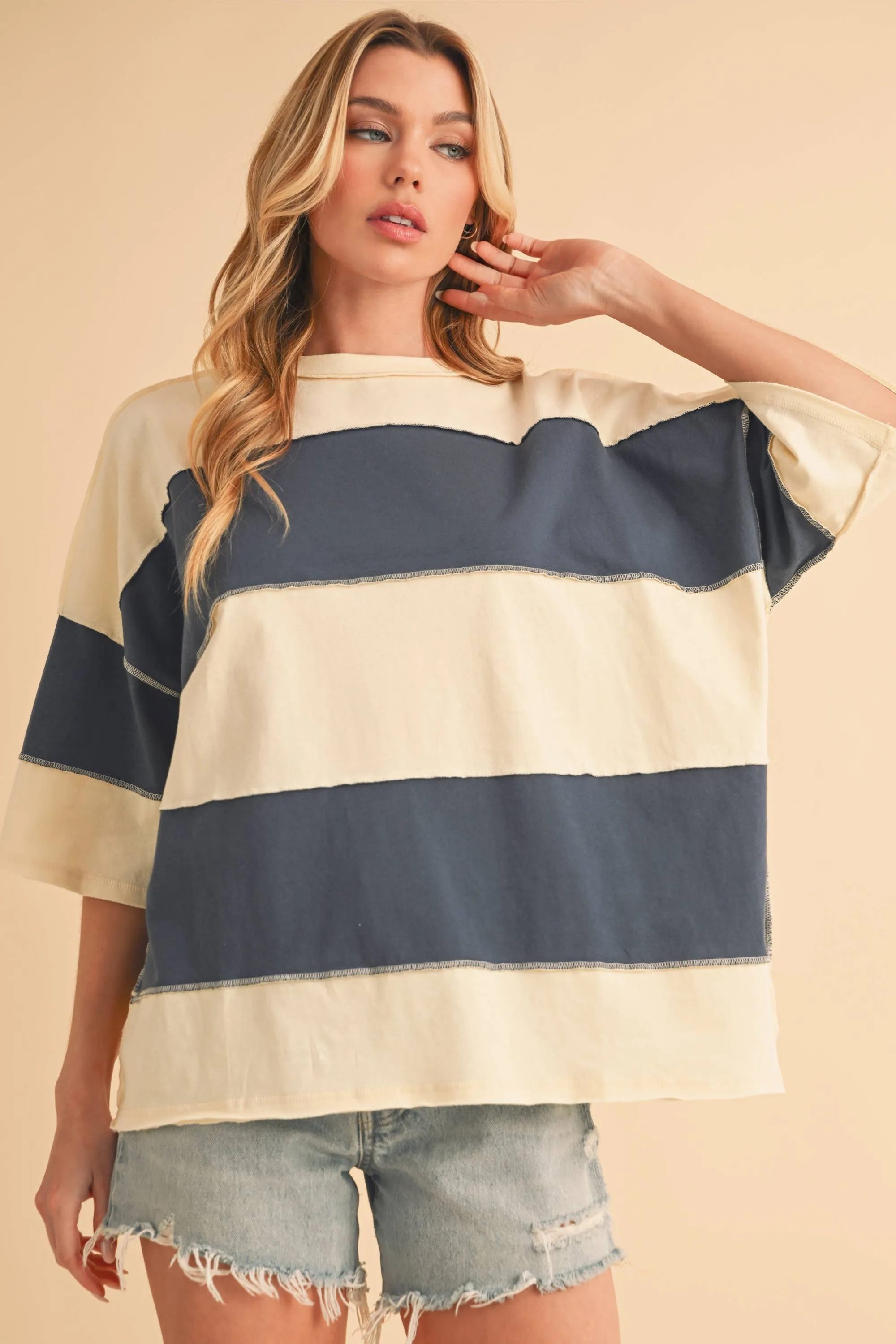 8417FN Polly Color Block Top: White Oat / Contemporary / S