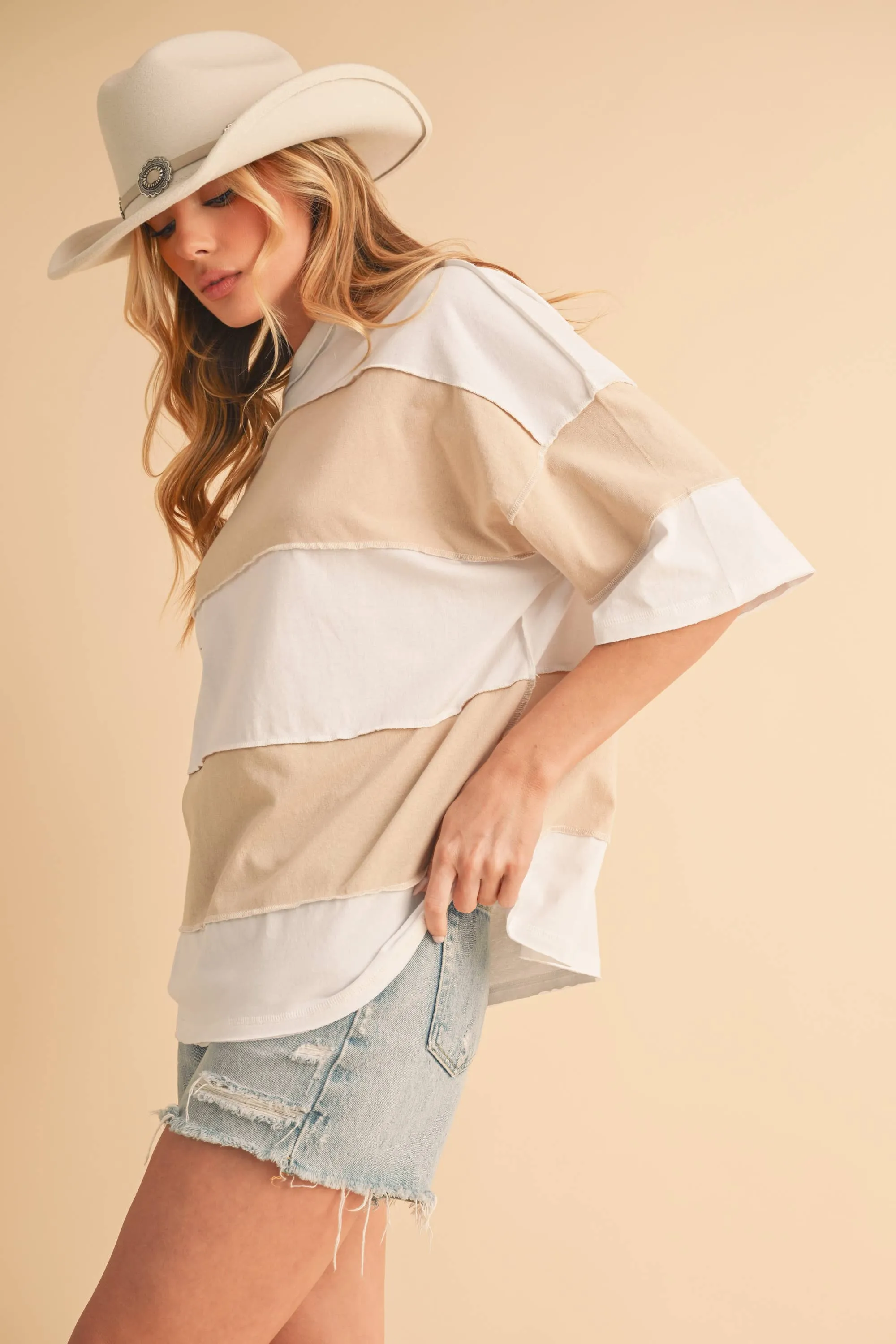 8417FN Polly Color Block Top: White Oat / Contemporary / S