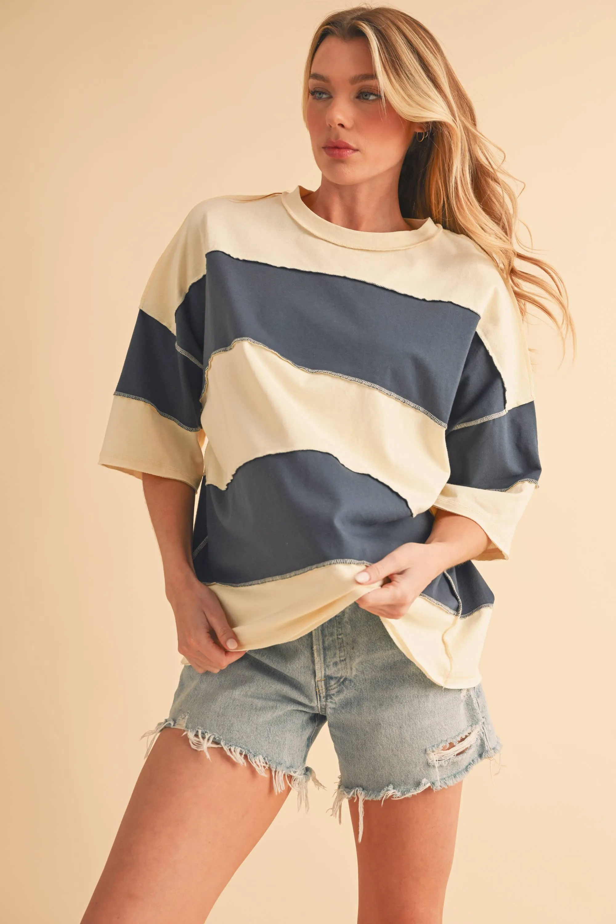 8417FN Polly Color Block Top: White Oat / Contemporary / S