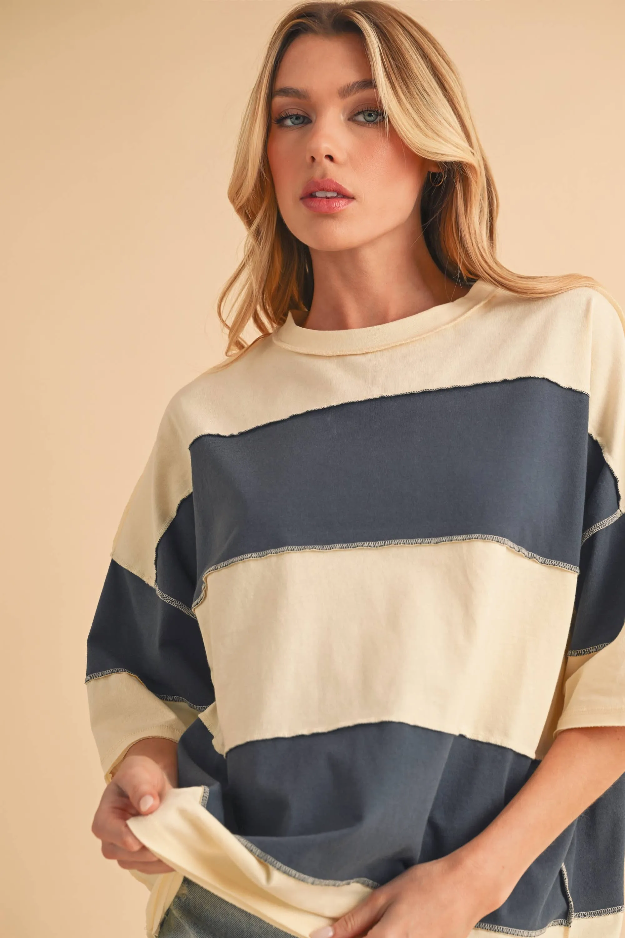 8417FN Polly Color Block Top: White Oat / Contemporary / S