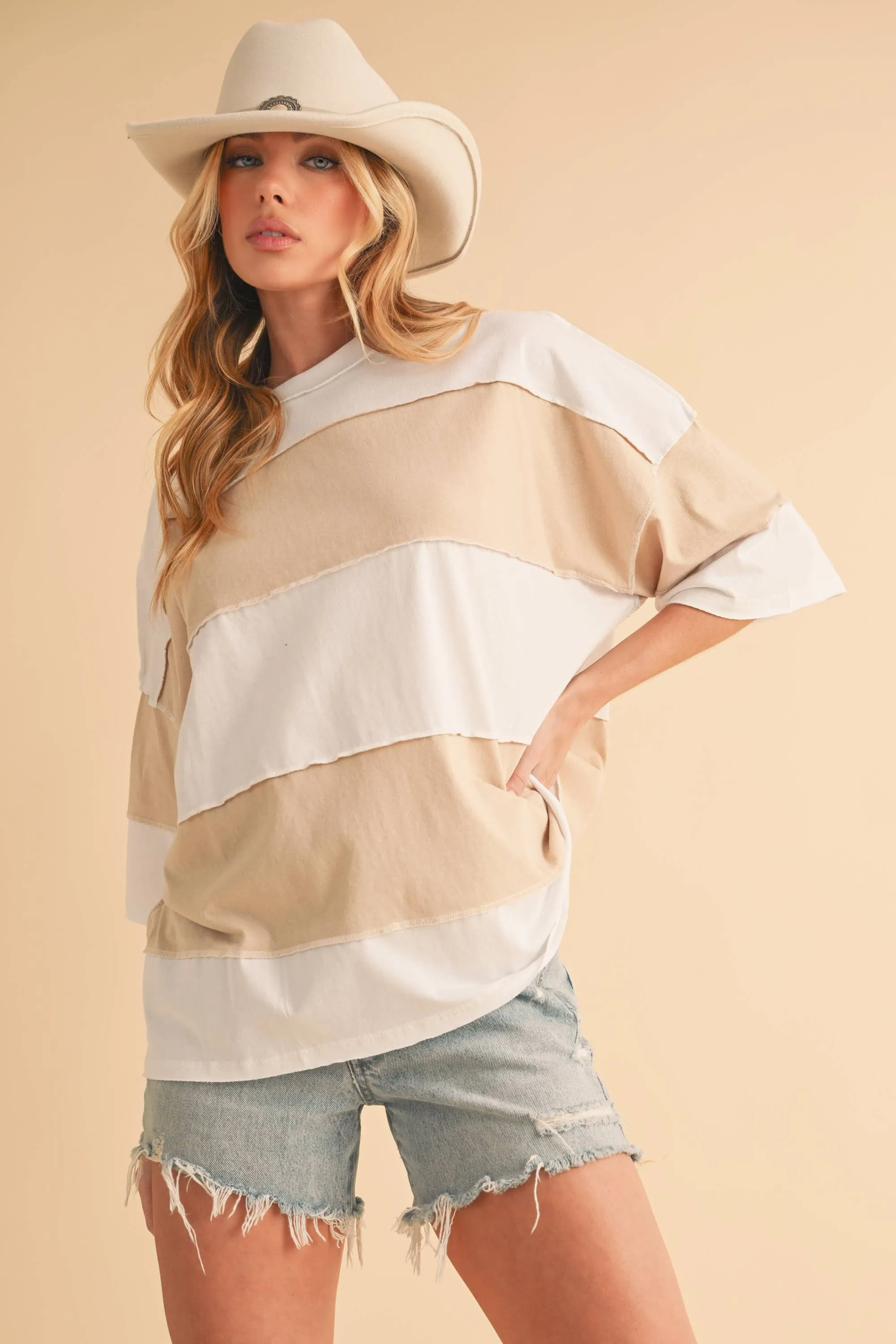 8417FN Polly Color Block Top: White Oat / Contemporary / S