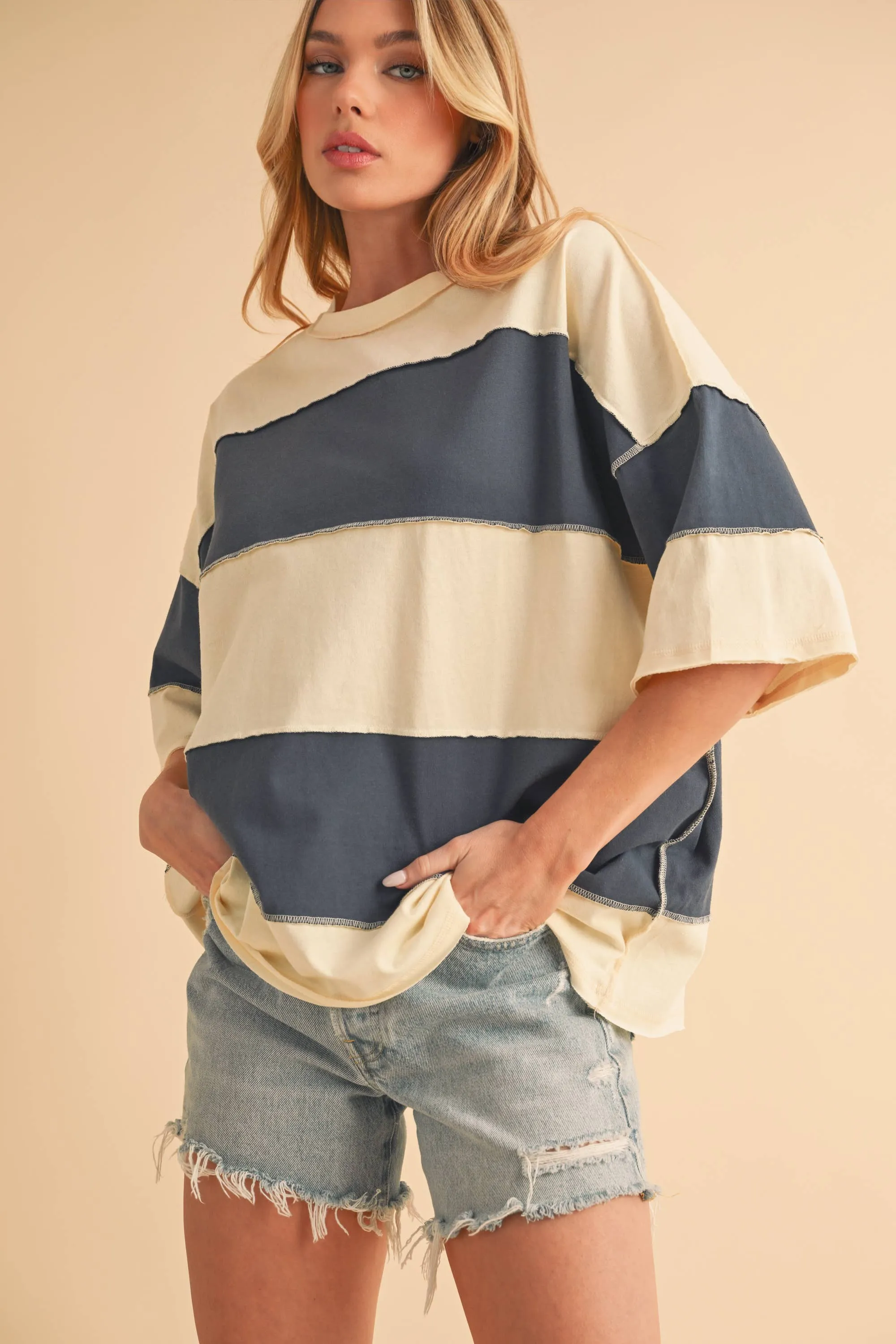8417FN Polly Color Block Top: White Oat / Contemporary / S