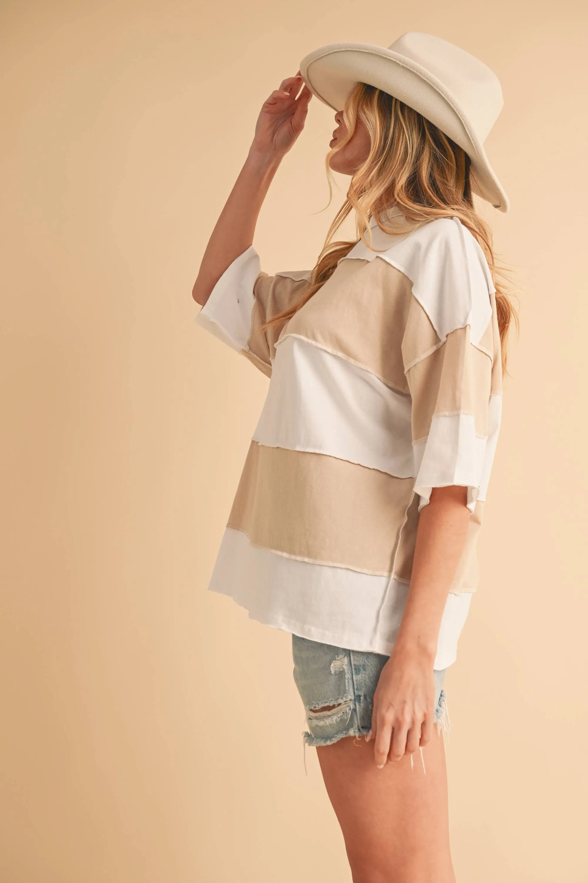 8417FN Polly Color Block Top: White Oat / Contemporary / S