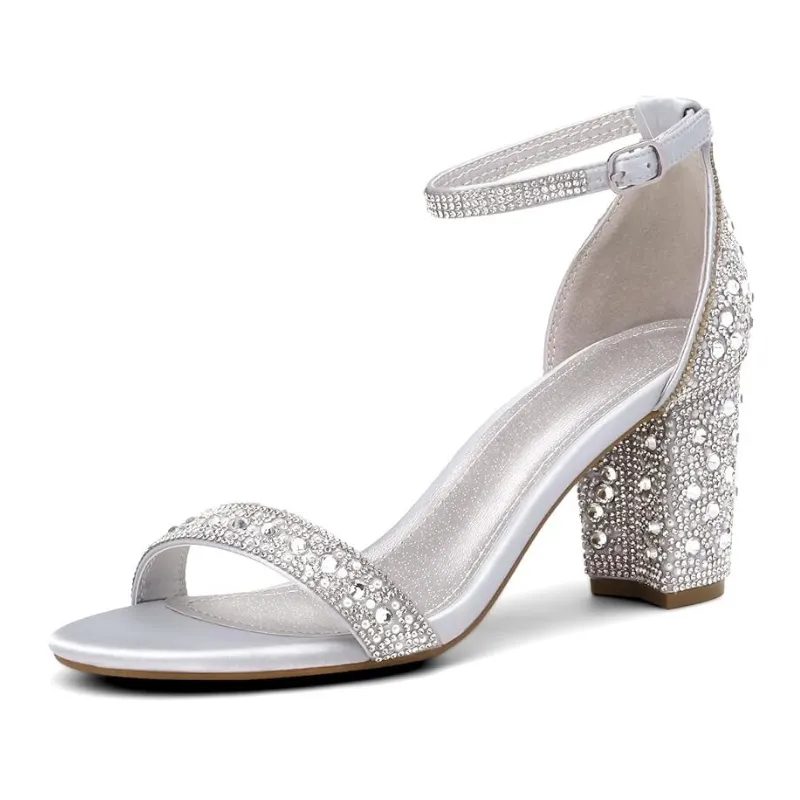 Adjustable Strap Rhinestone Chunky Pump Sandals