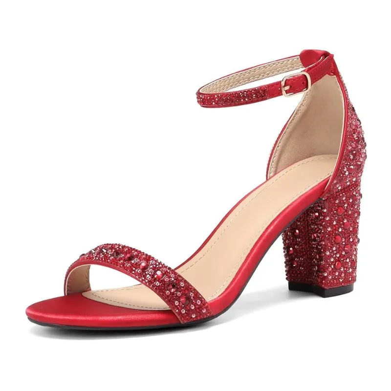 Adjustable Strap Rhinestone Chunky Pump Sandals