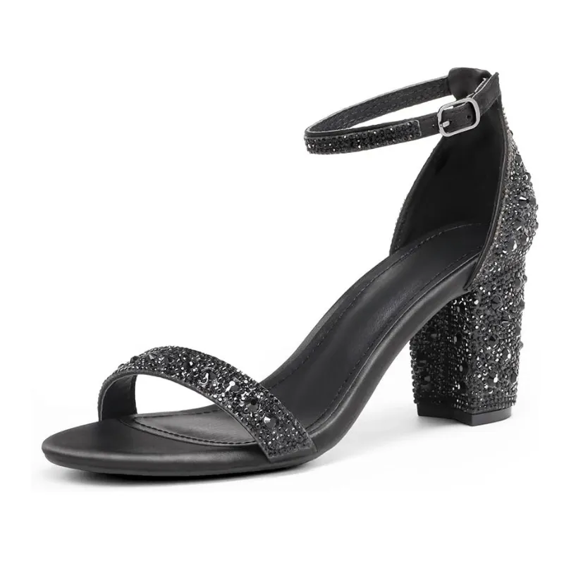 Adjustable Strap Rhinestone Chunky Pump Sandals