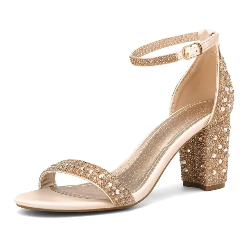 Adjustable Strap Rhinestone Chunky Pump Sandals