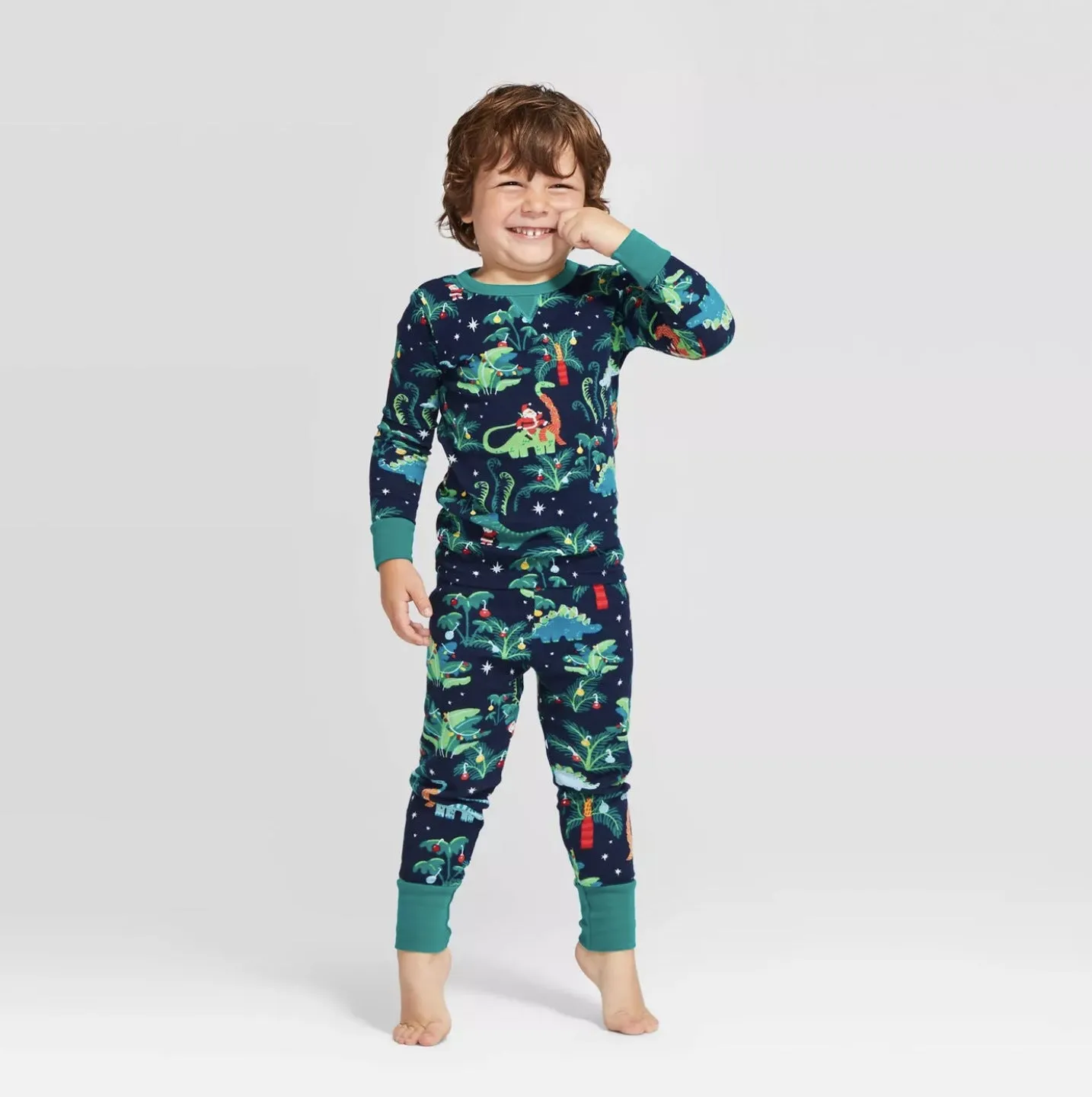 Baby boy and girl with dog European dinosaur Christmas parent-child pajamas