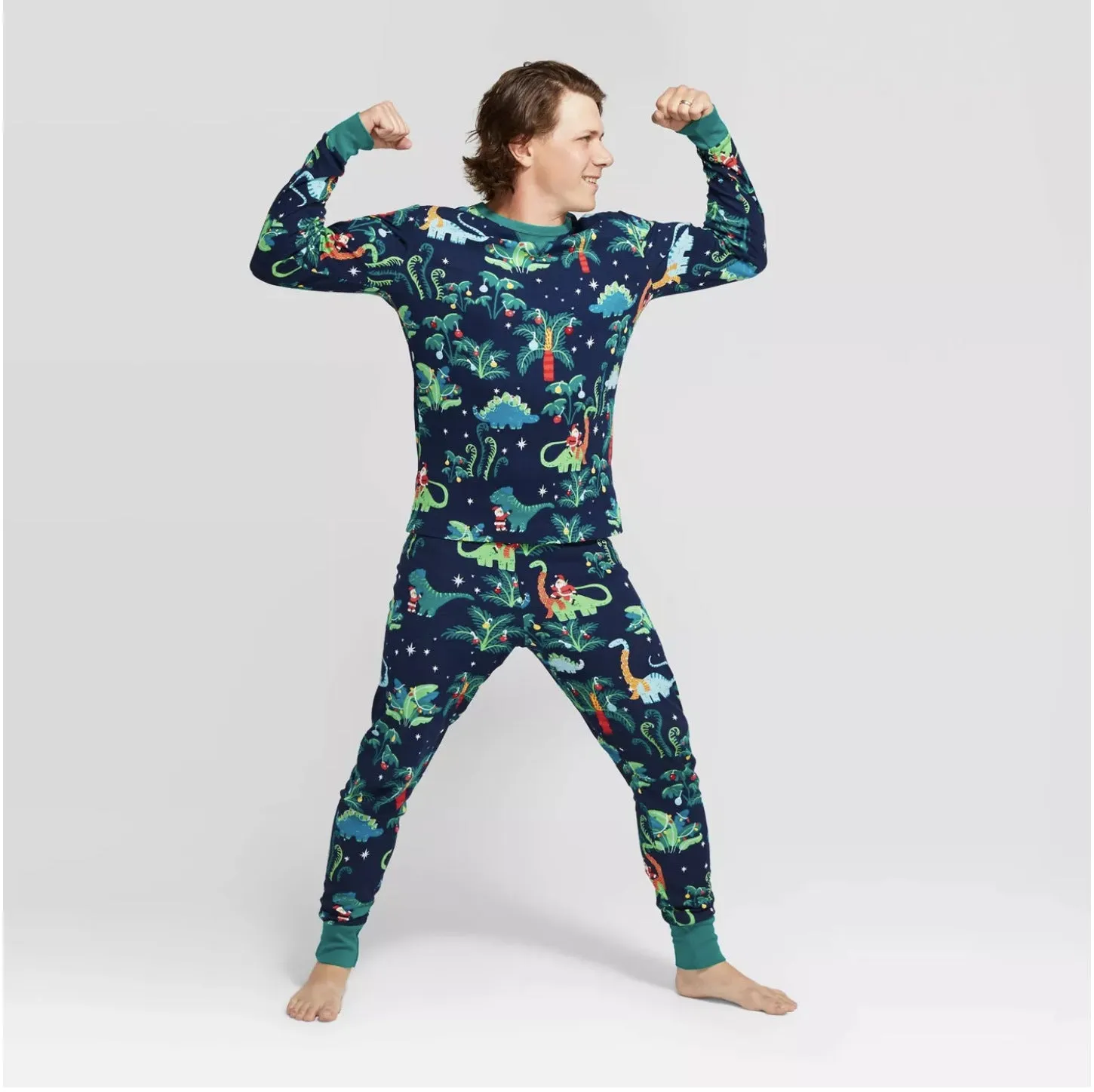 Baby boy and girl with dog European dinosaur Christmas parent-child pajamas