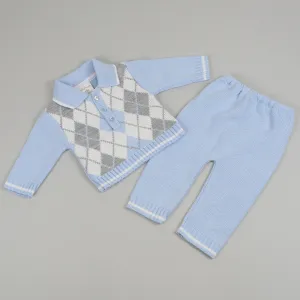 Baby Boy Knitted Argyle Jumper & Trousers Outfit - Blue