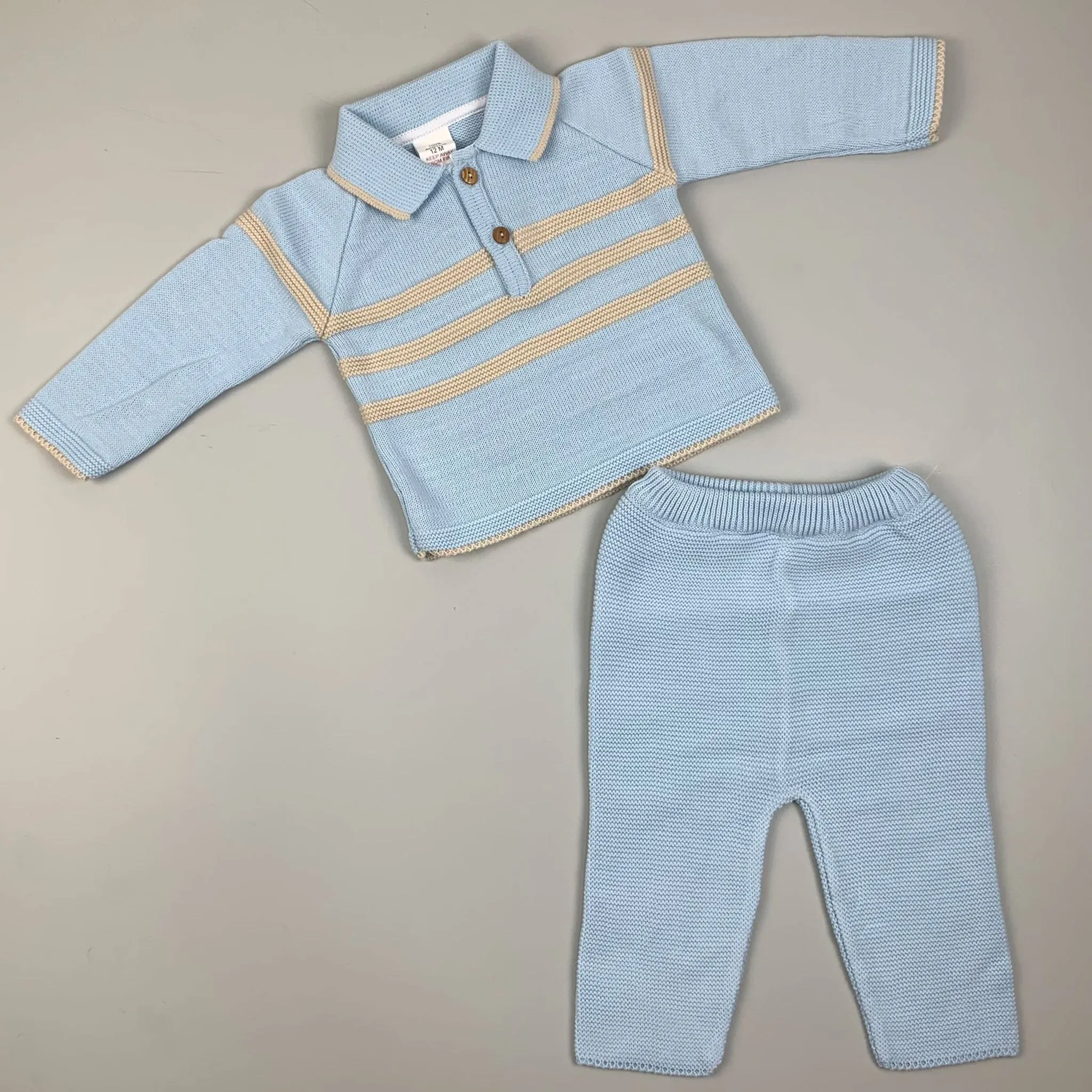 Baby Boys 2 Piece Striped Knitted Outfit- Trousers and Top- Blue