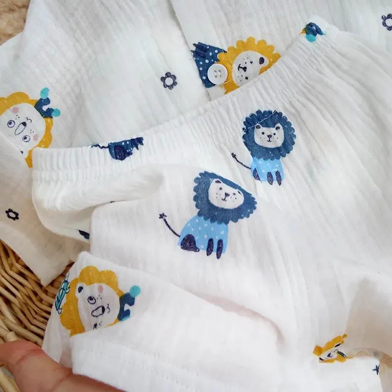Baby Summer Home Set Yarn Cotton Summer Thin Section Boys and Girls 1-3 Years Old Casual Loose Cute Short-sleeved Cardigan Pajamas Two-piece Set