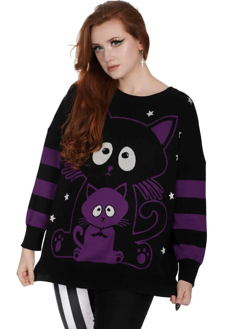 Banned Alternative Momo Cats Sweater Black Violet
