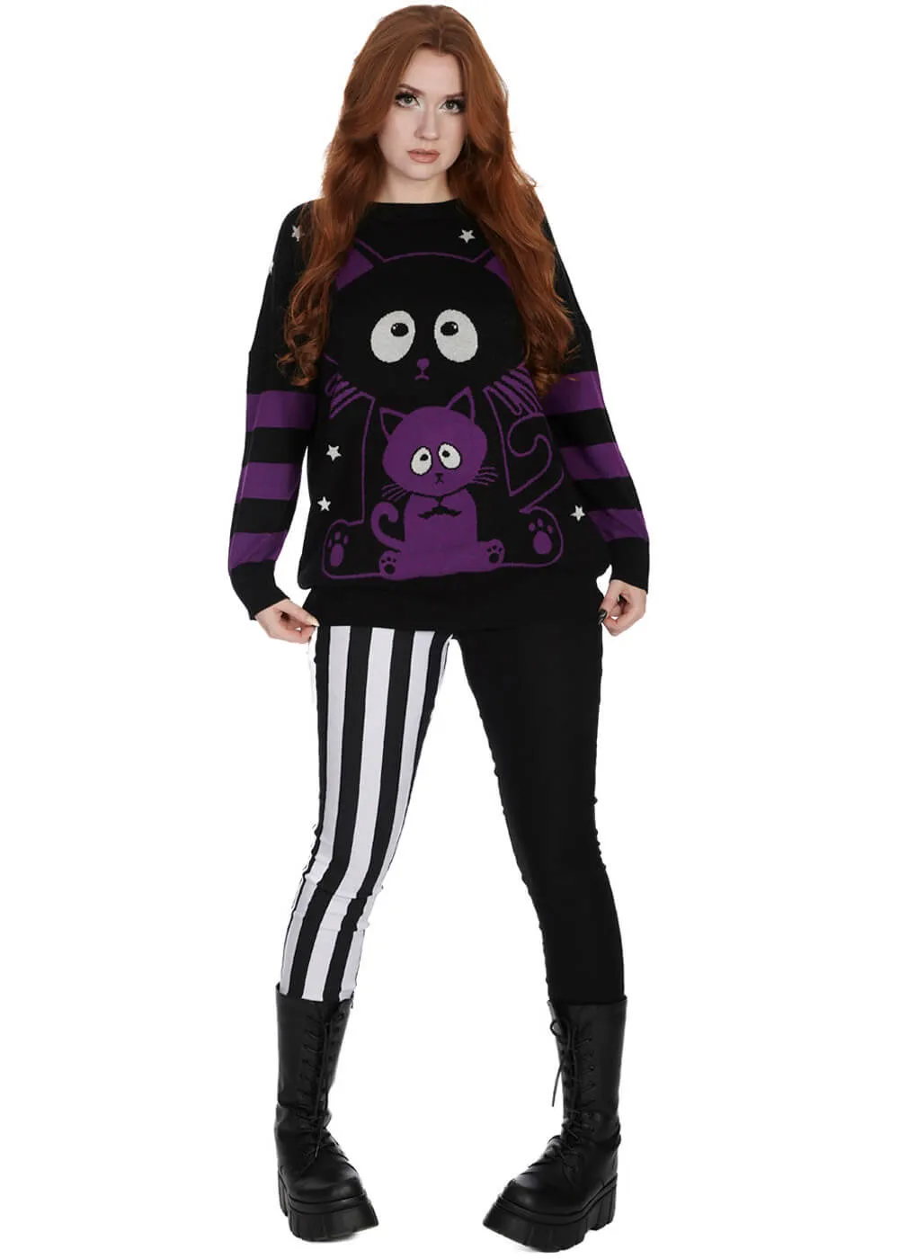 Banned Alternative Momo Cats Sweater Black Violet