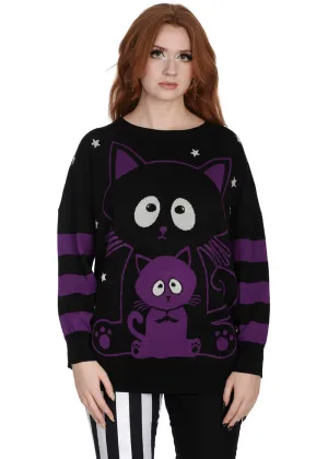 Banned Alternative Momo Cats Sweater Black Violet