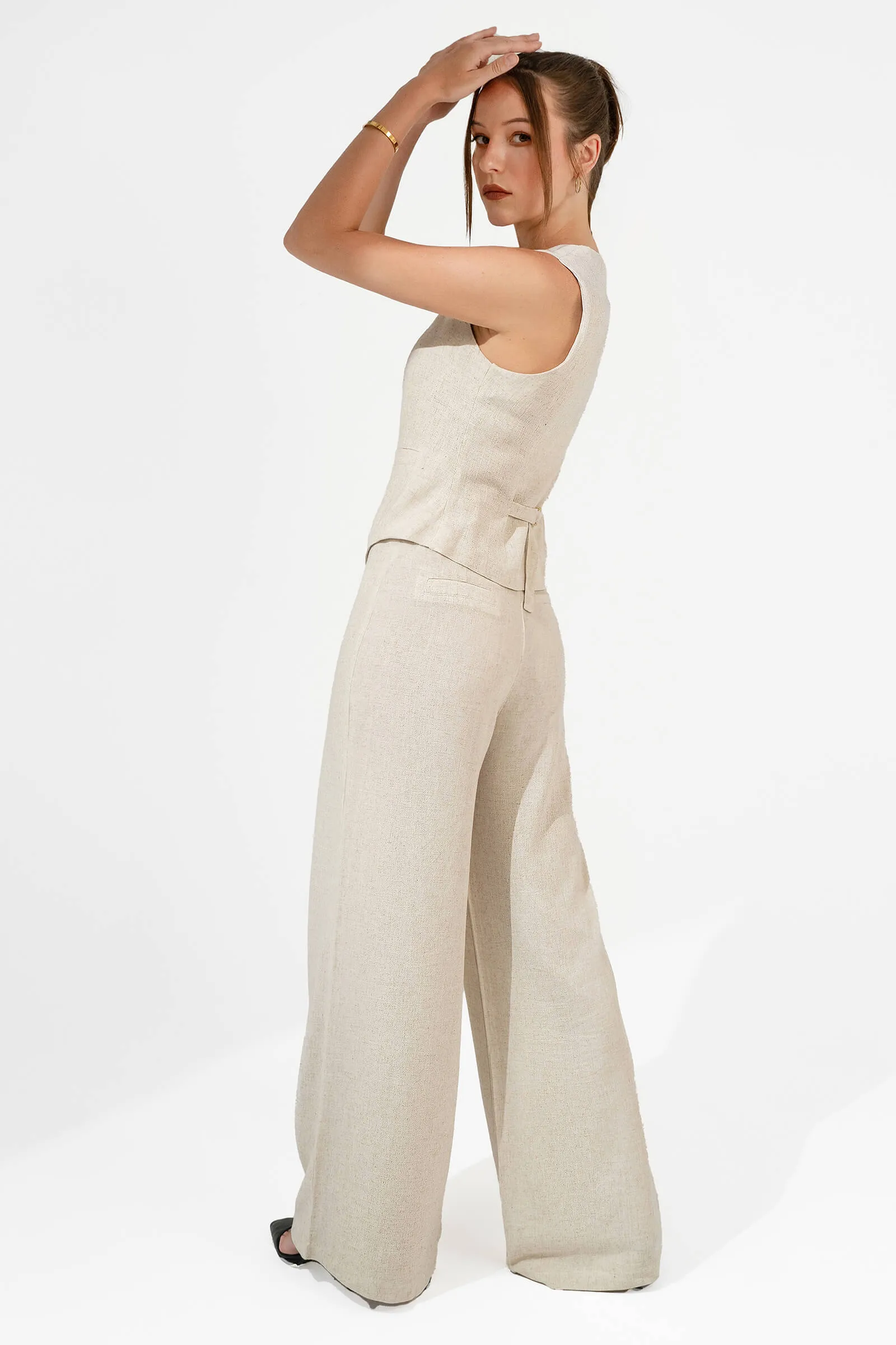 Beige Linen Wide-Leg Trousers