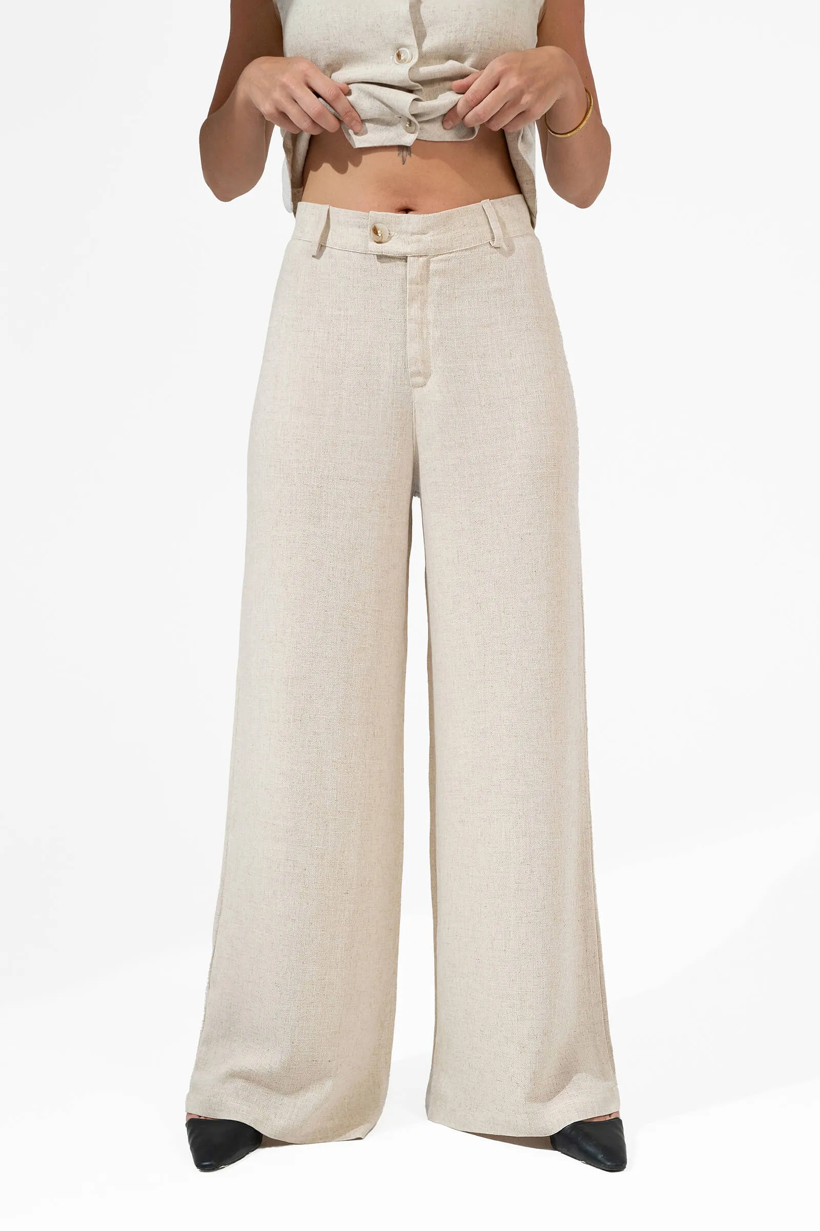 Beige Linen Wide-Leg Trousers