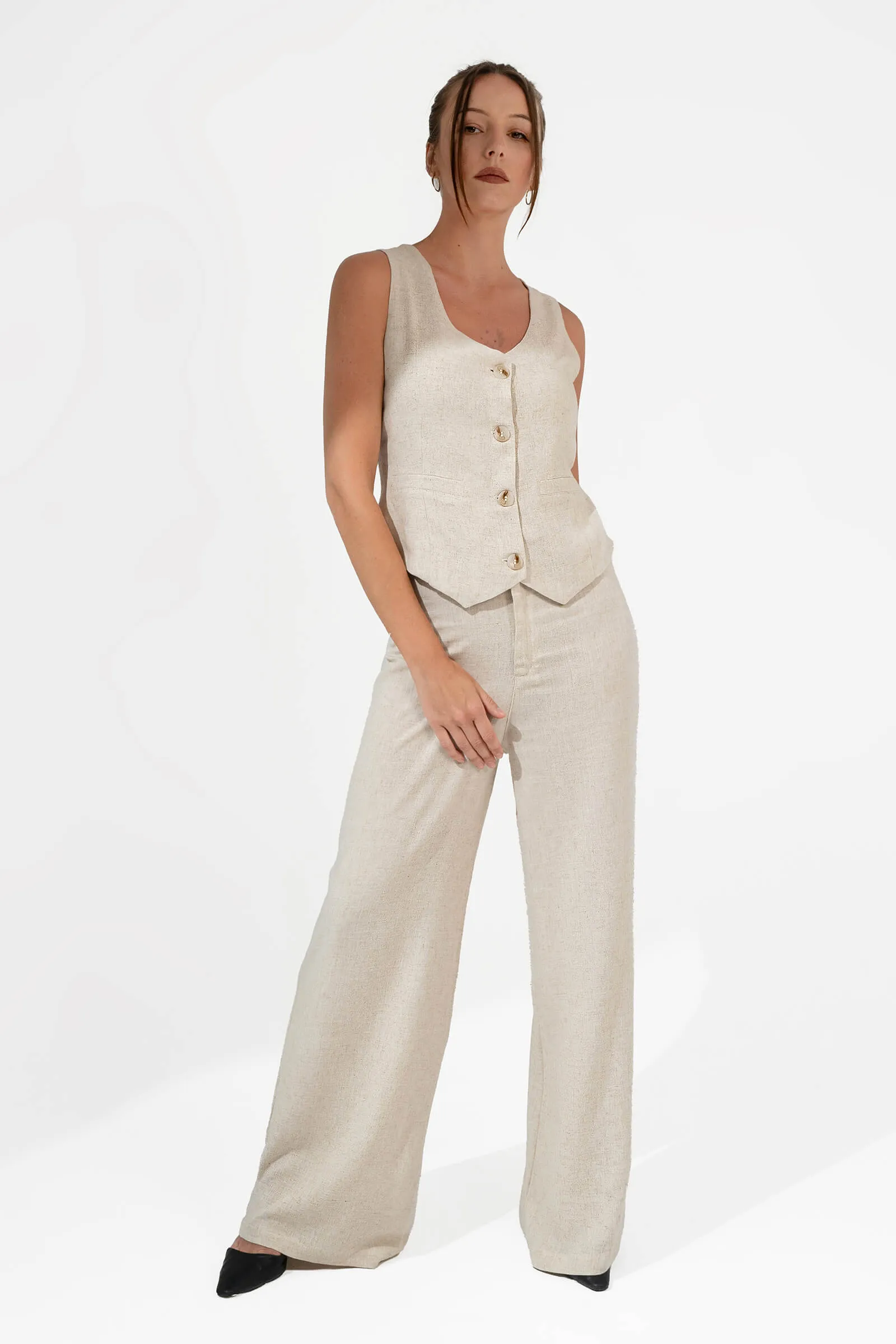 Beige Linen Wide-Leg Trousers