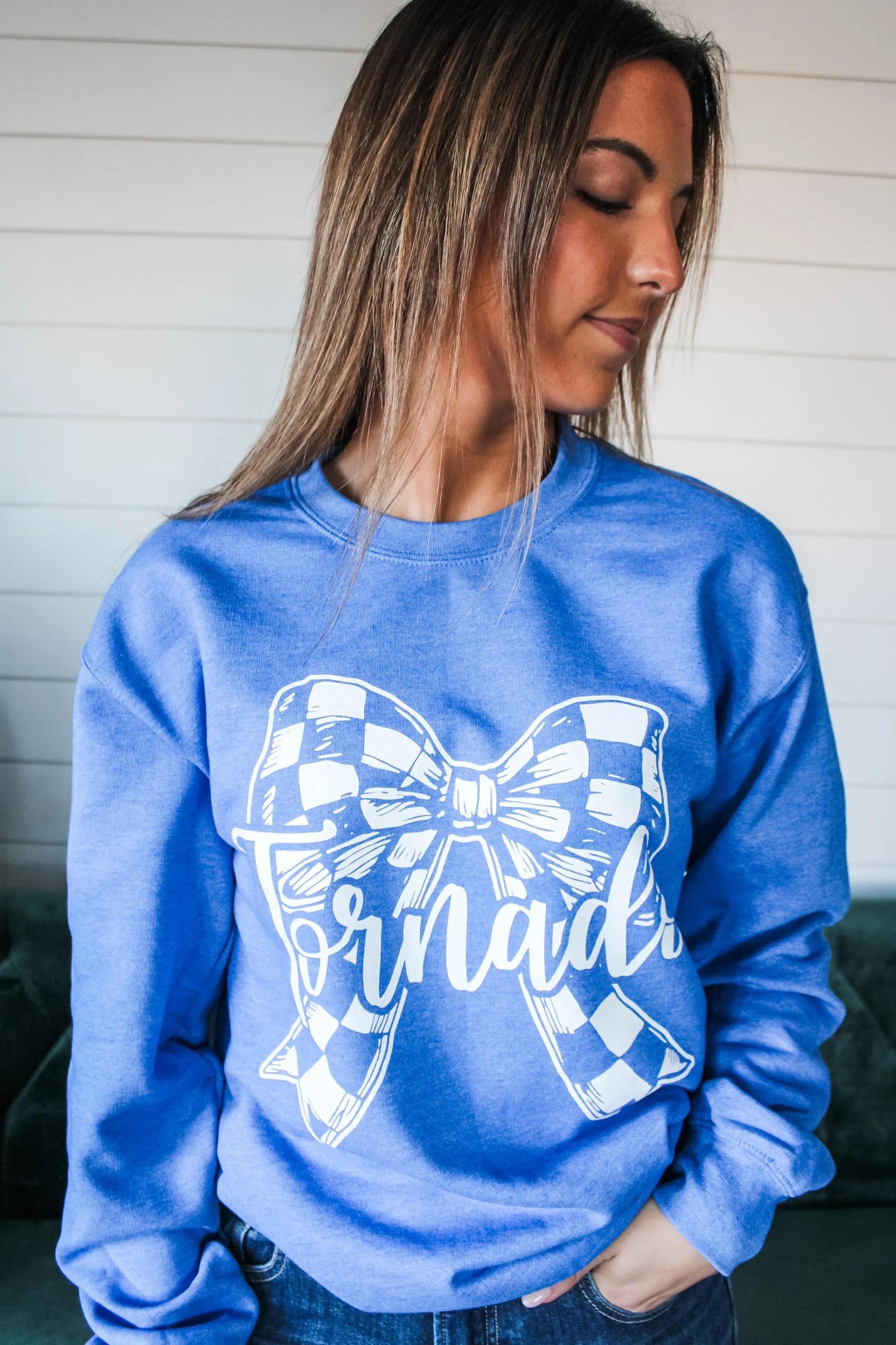 Big Bow Tornado Graphic Sweatshirt • Heather Blue - FINAL SALE
