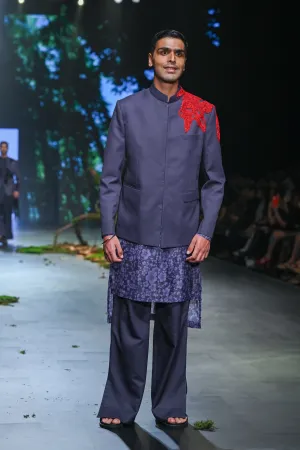 Black And Purple Printed Bandgala Set