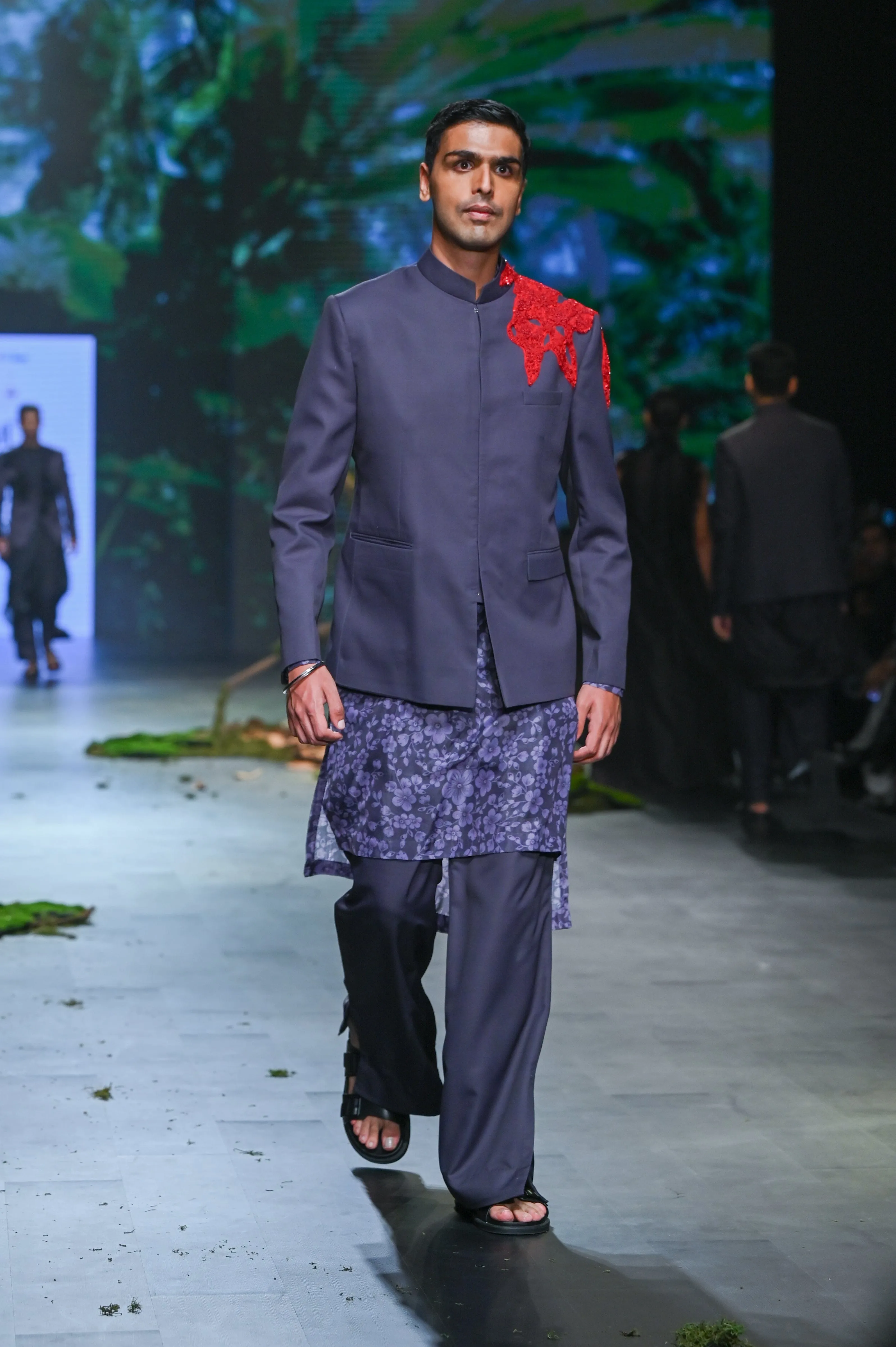 Black And Purple Printed Bandgala Set