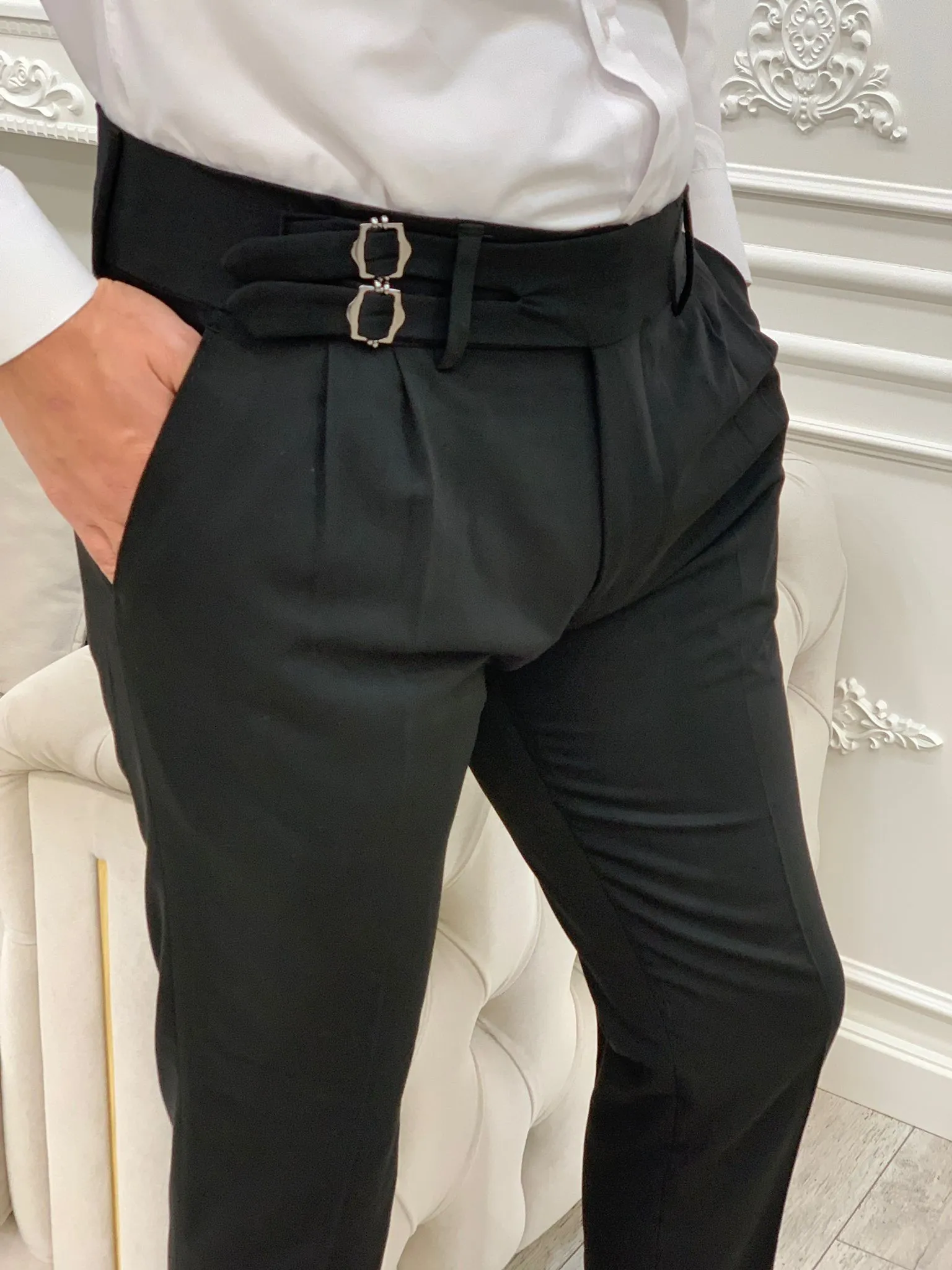Black Buckled Canvas Trousers