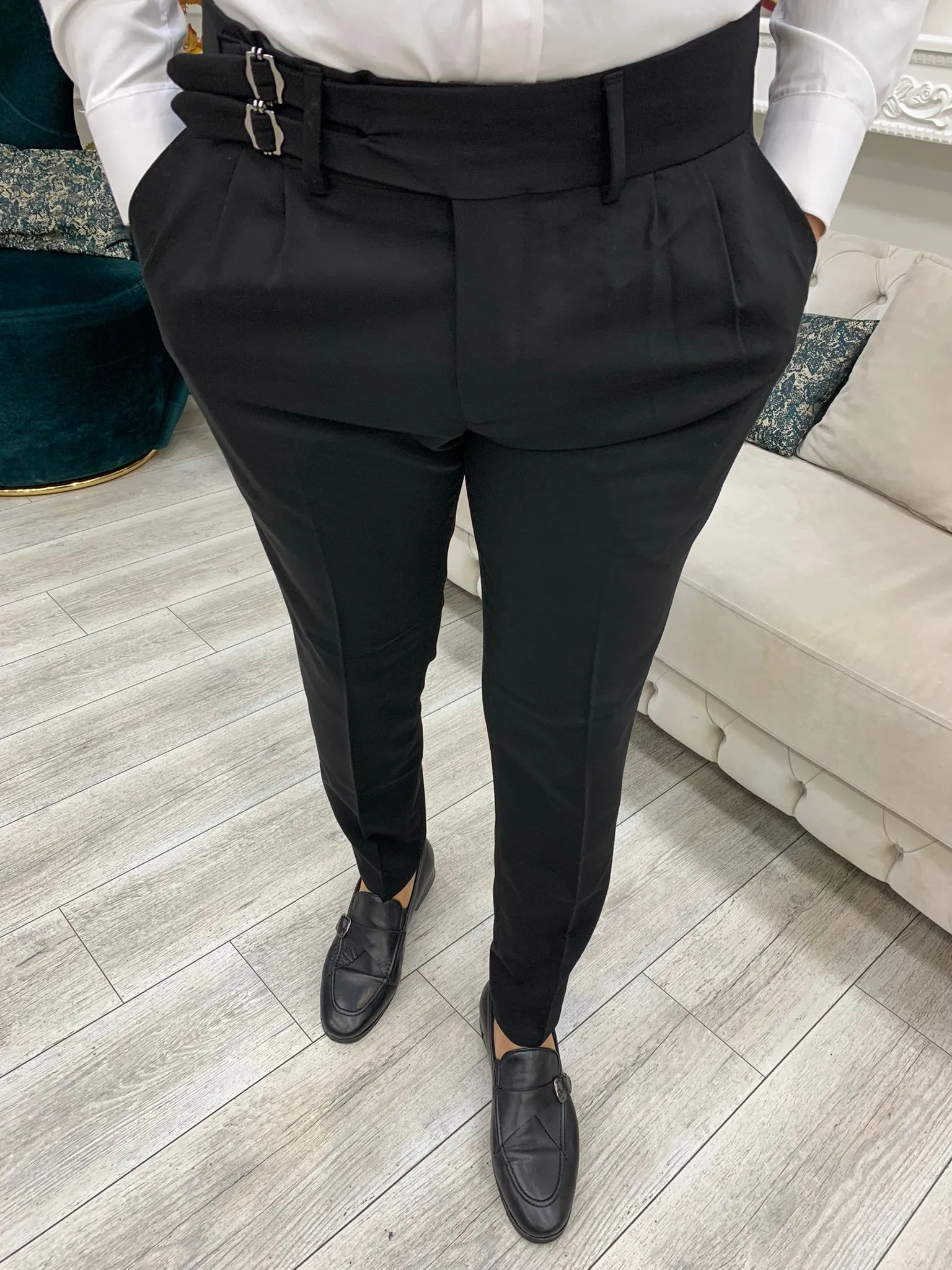 Black Buckled Canvas Trousers