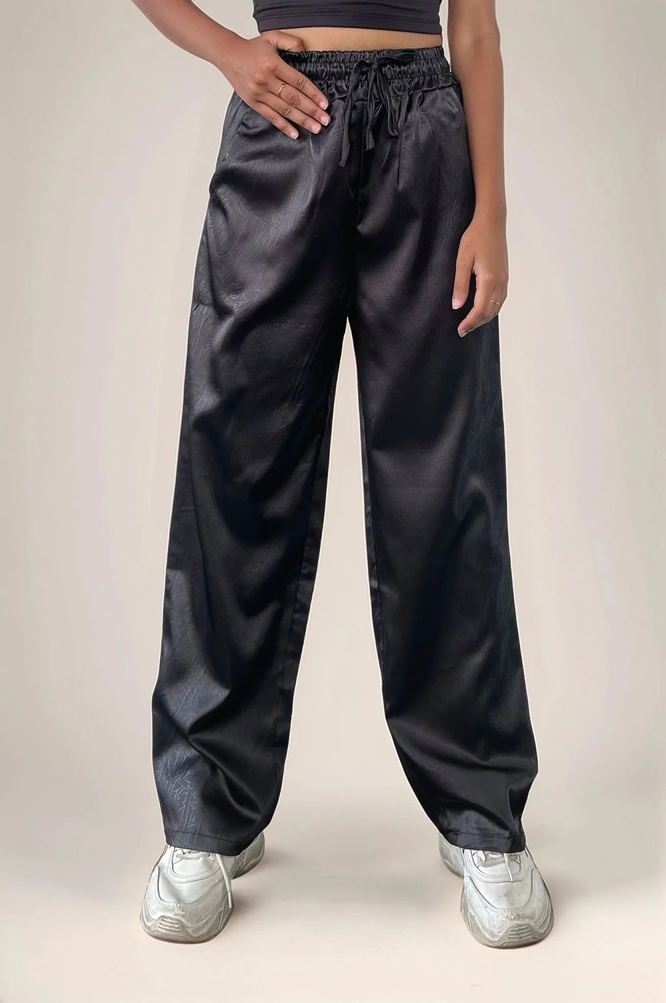 Black Textured Wide Leg Trouser