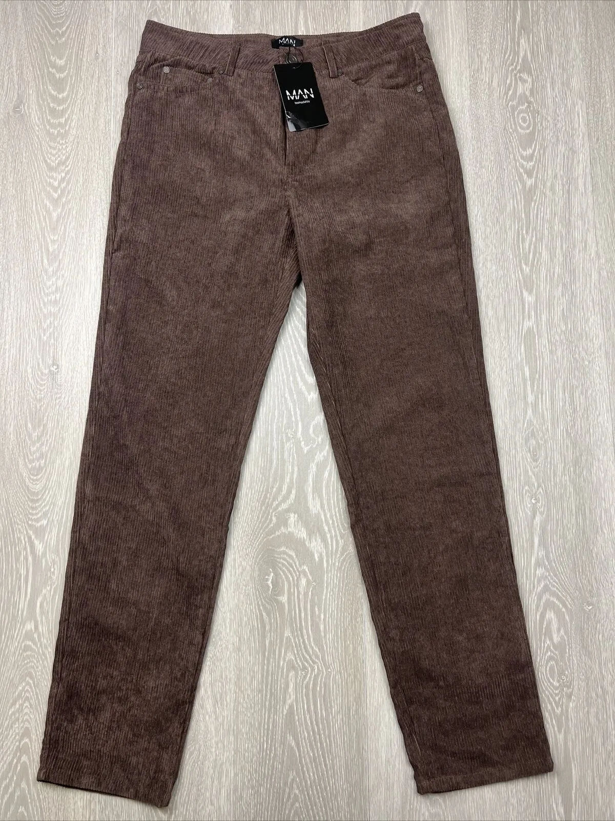 Boohoo Man Mens Cord Relaxed Fit Chocolate Pants Size 32R
