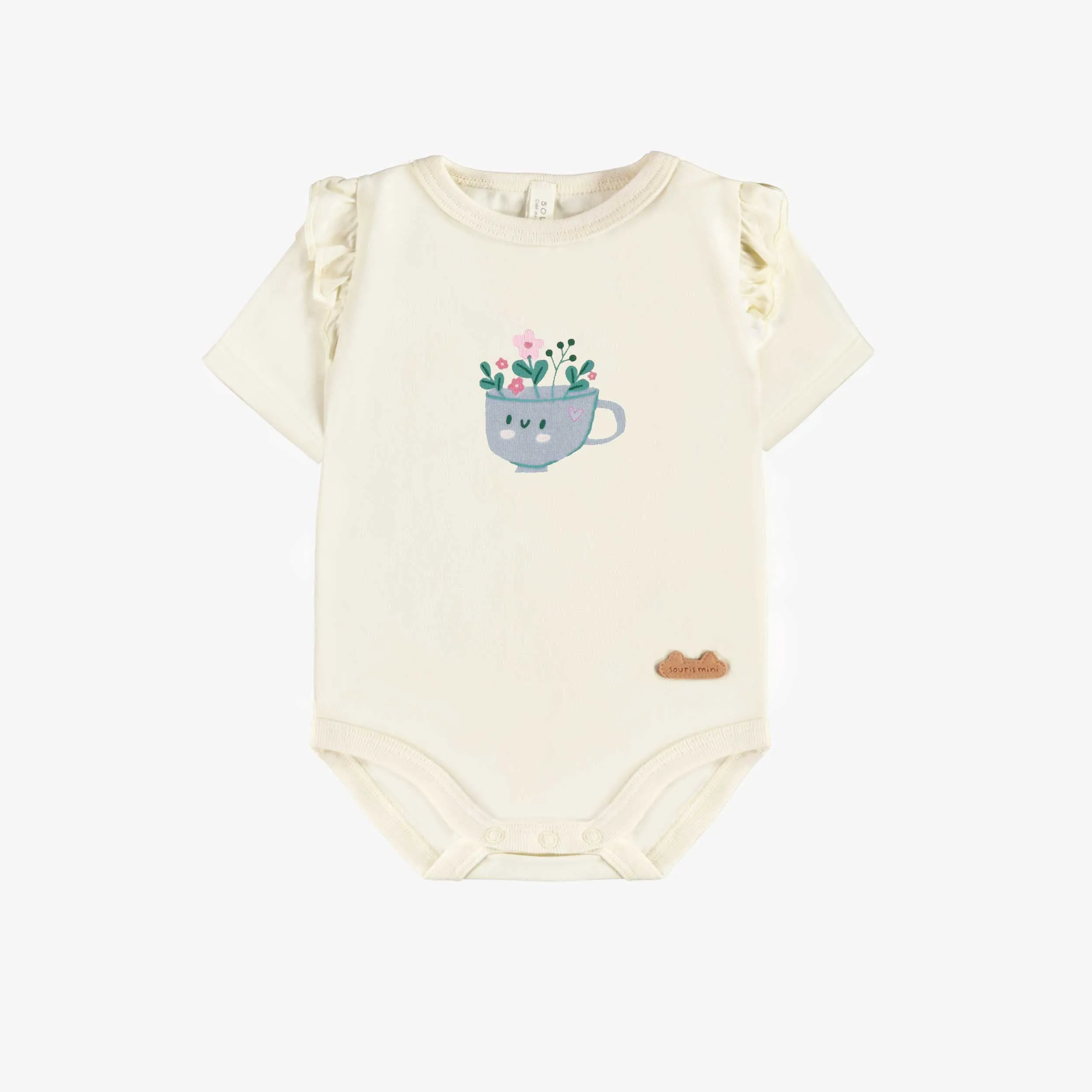 Cache-couche crème avec une tasse, naissance || Cream bodysuit with a smiling cup, newborn