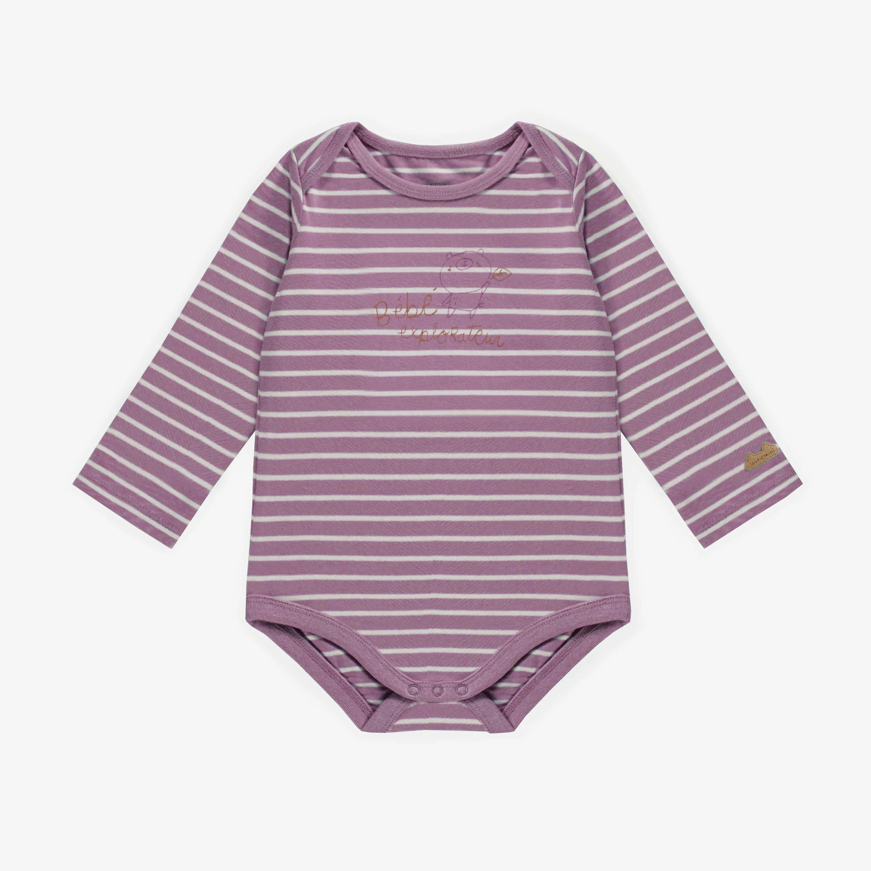 Cache-couche manches longues mauve et crème à rayures en jersey extensible, bébé || Purple and cream striped bodysuit with long sleeves in stretch jersey, baby