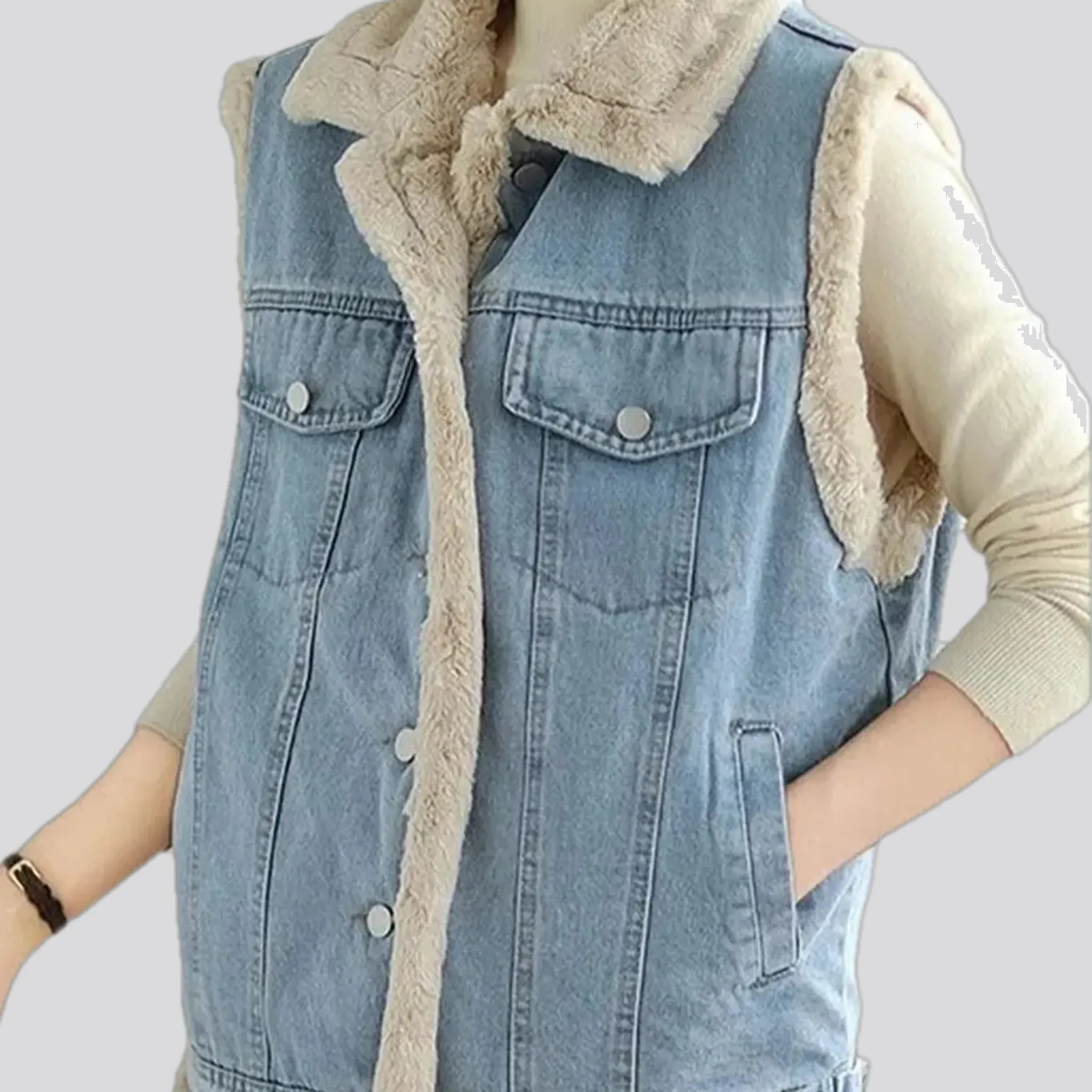 Casual stonewashed fuzzy trim women's jeans vest