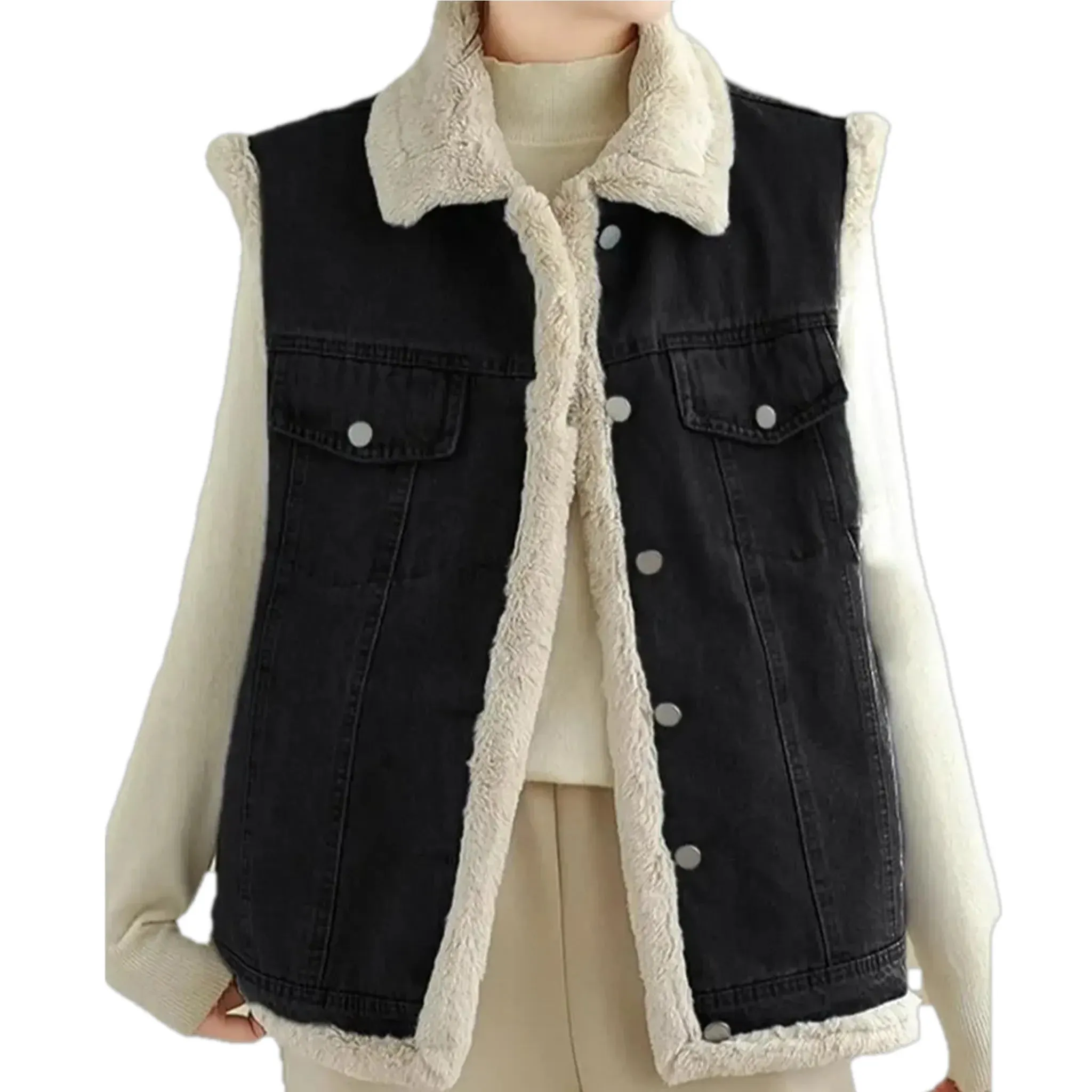 Casual stonewashed fuzzy trim women's jeans vest