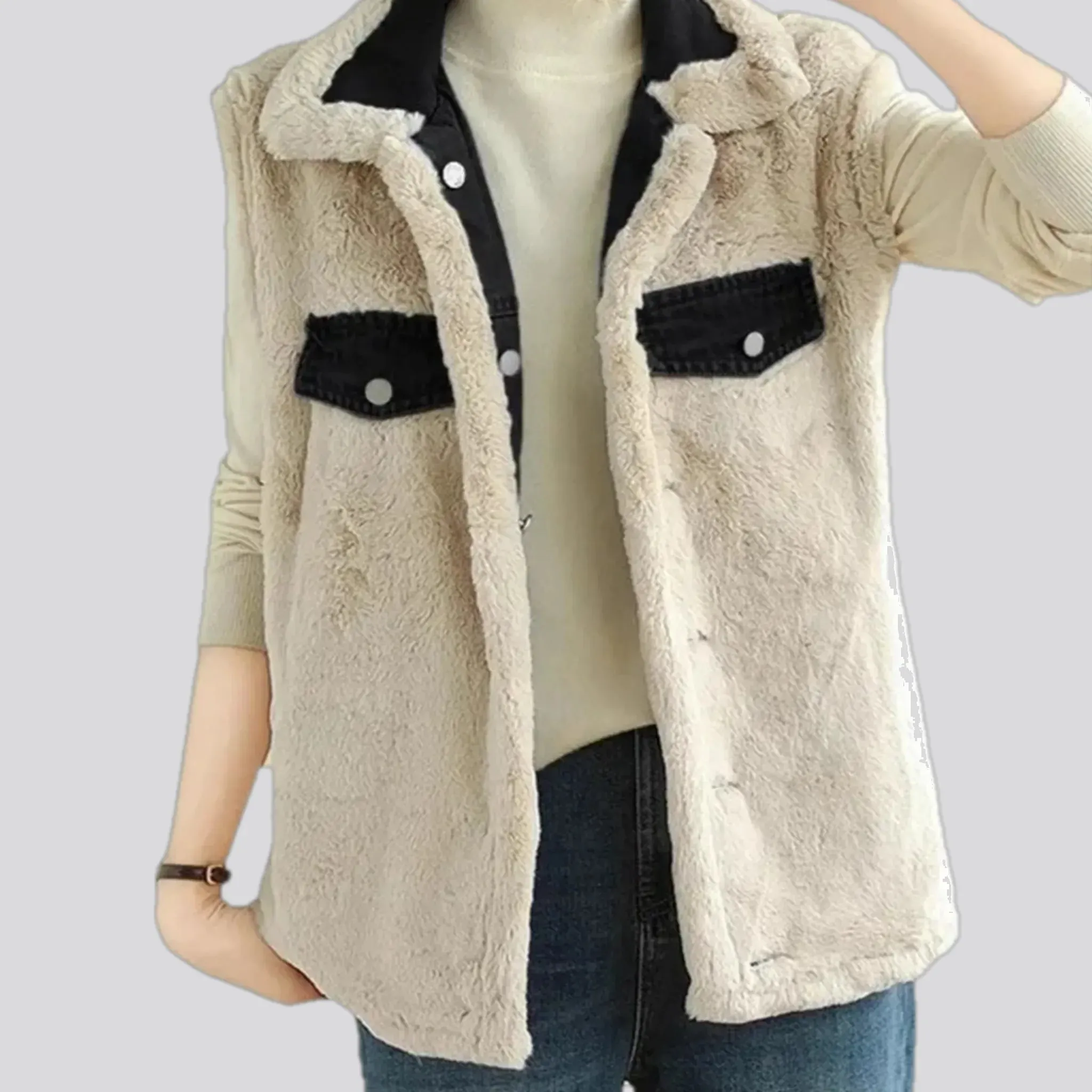 Casual stonewashed fuzzy trim women's jeans vest