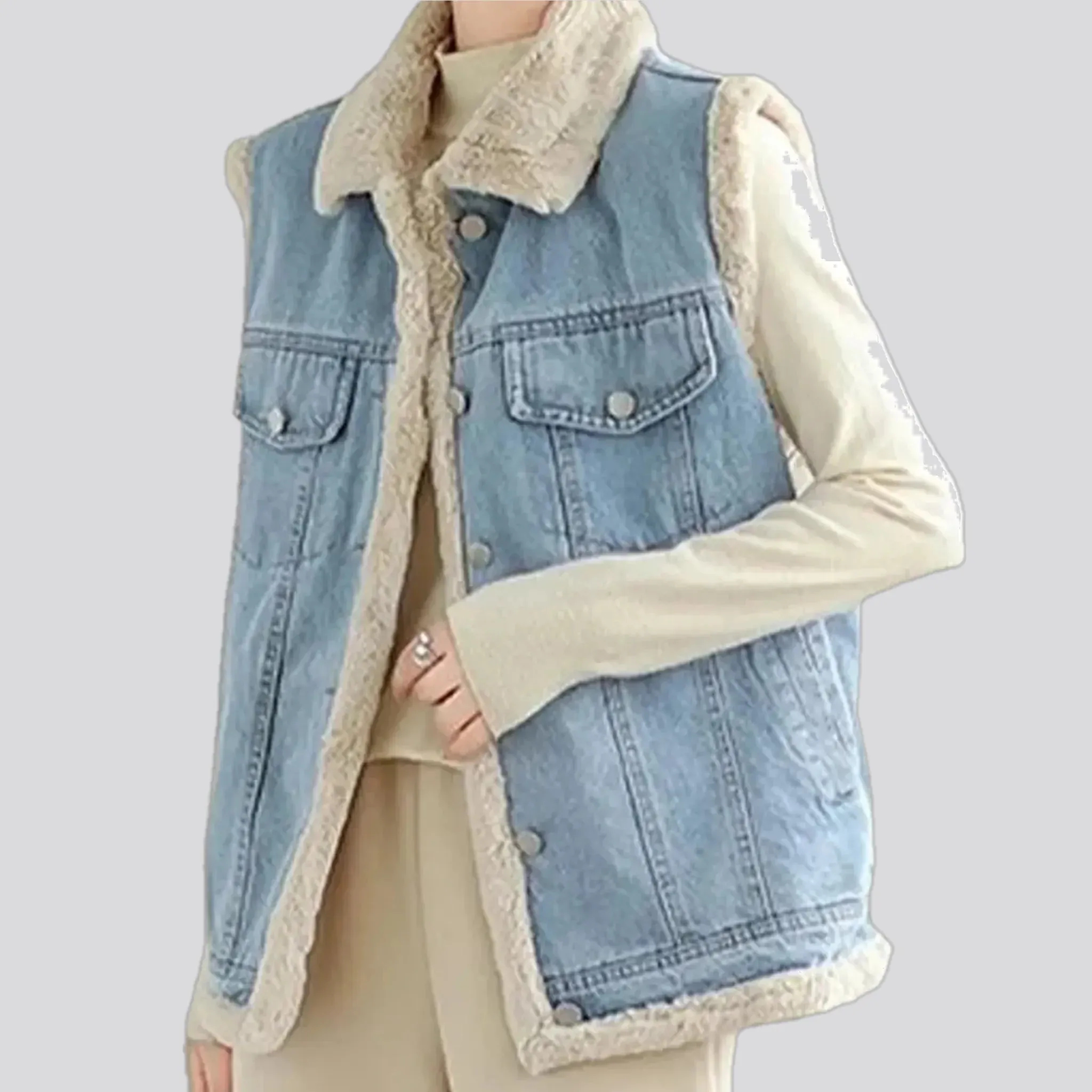 Casual stonewashed fuzzy trim women's jeans vest