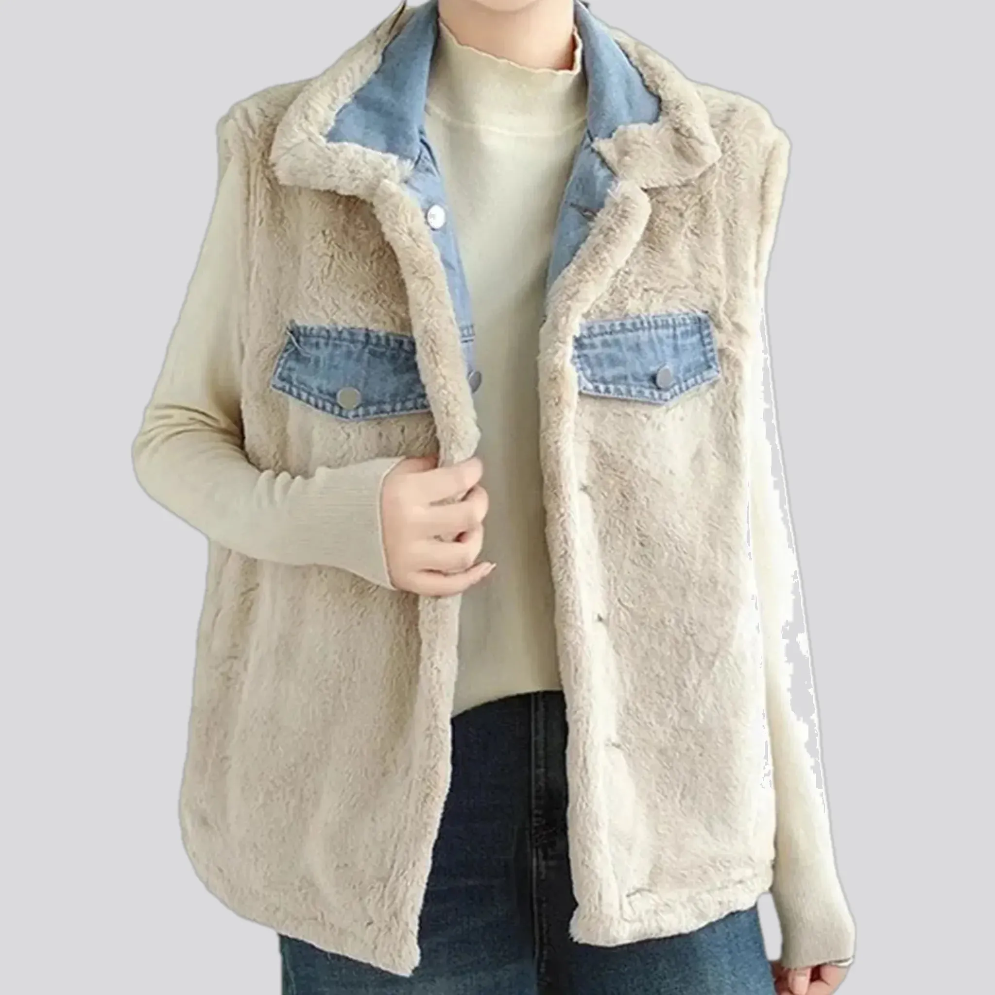 Casual stonewashed fuzzy trim women's jeans vest
