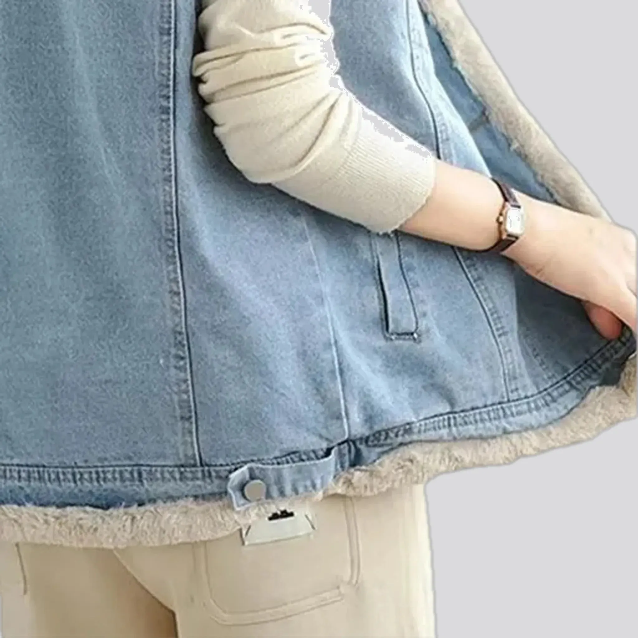 Casual stonewashed fuzzy trim women's jeans vest