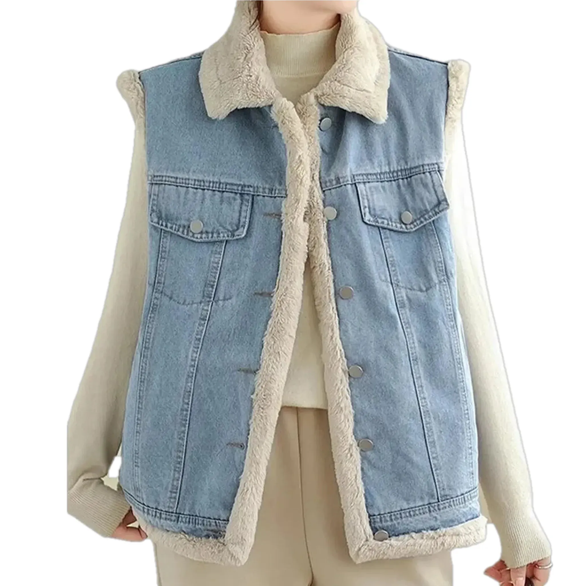 Casual stonewashed fuzzy trim women's jeans vest