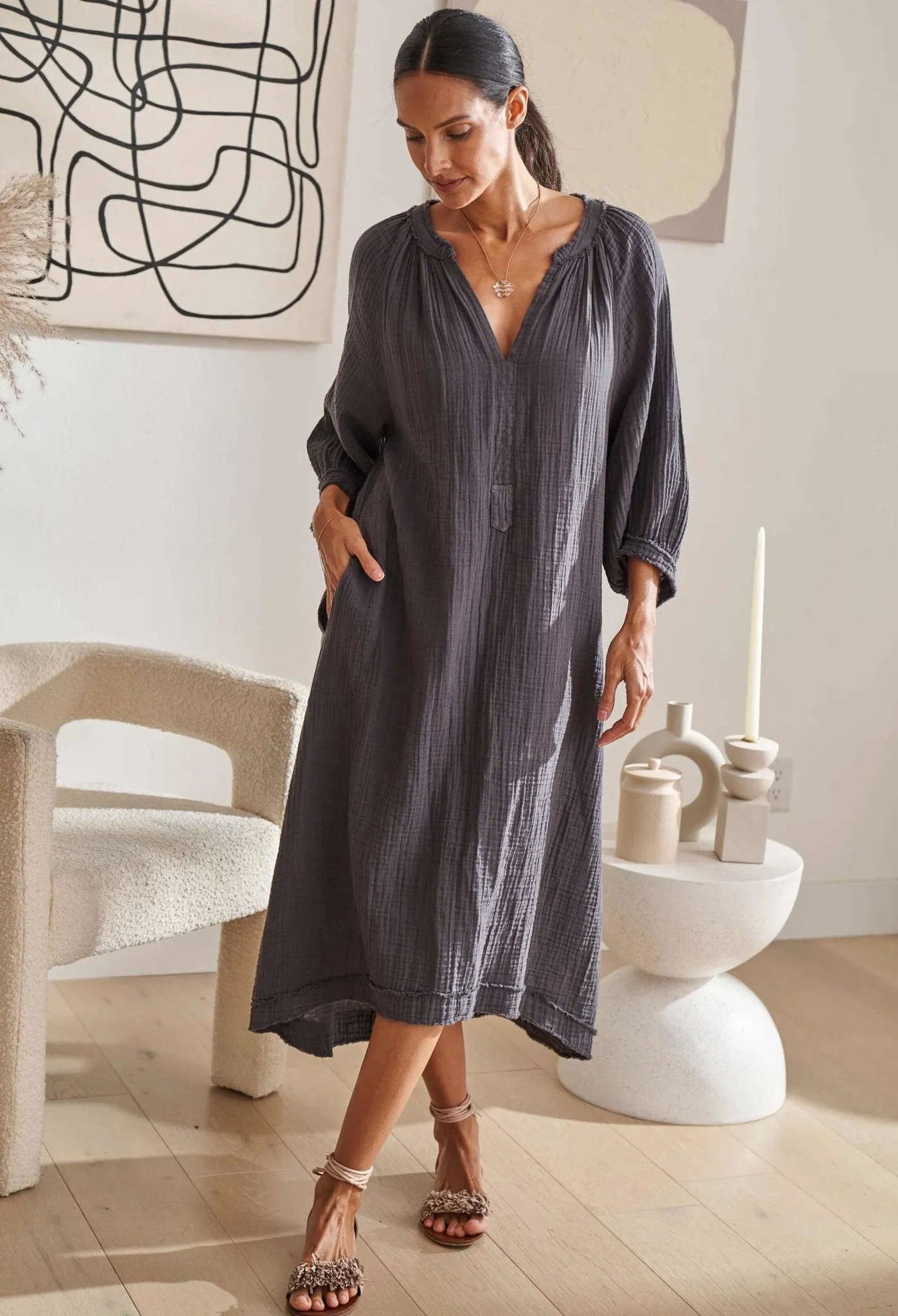 Charcoal Gauze Dress with Pockets