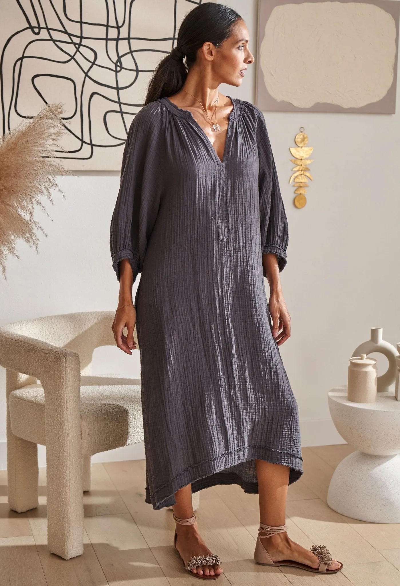 Charcoal Gauze Dress with Pockets