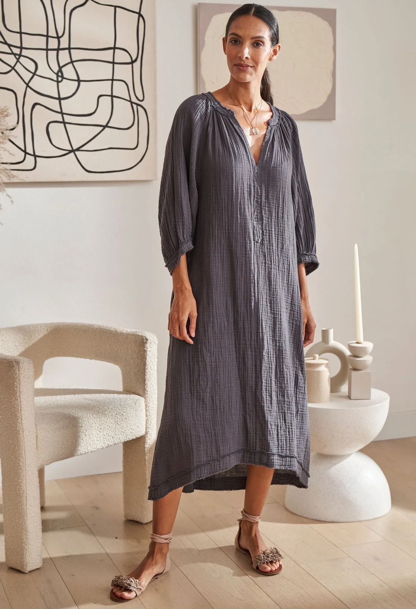 Charcoal Gauze Dress with Pockets