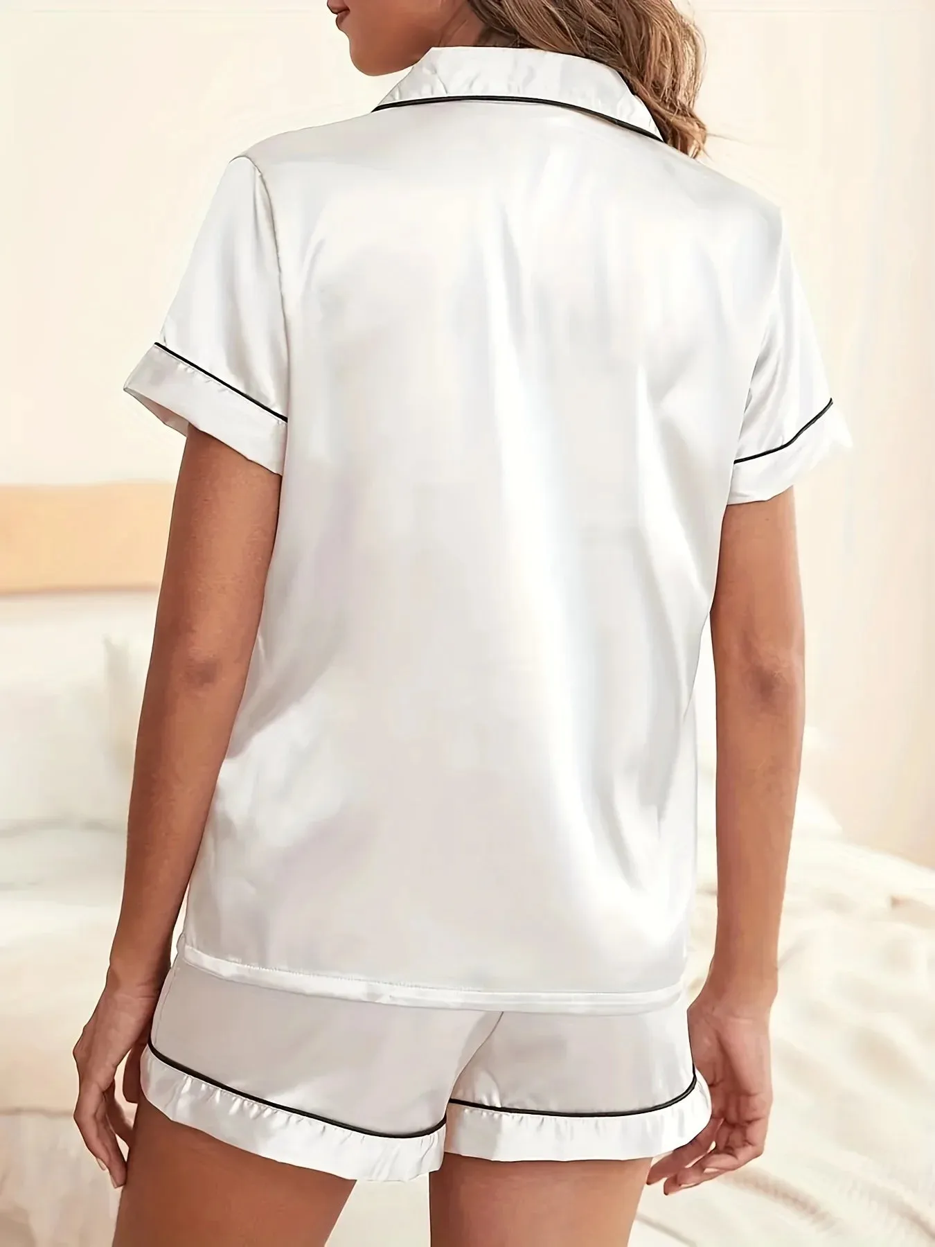 Chic Faux Silk Pajamas Set for Women Short Sleeve Button-Down Top & Comfy Shorts with Elastic Waistband Ideal for Lounging Sleep