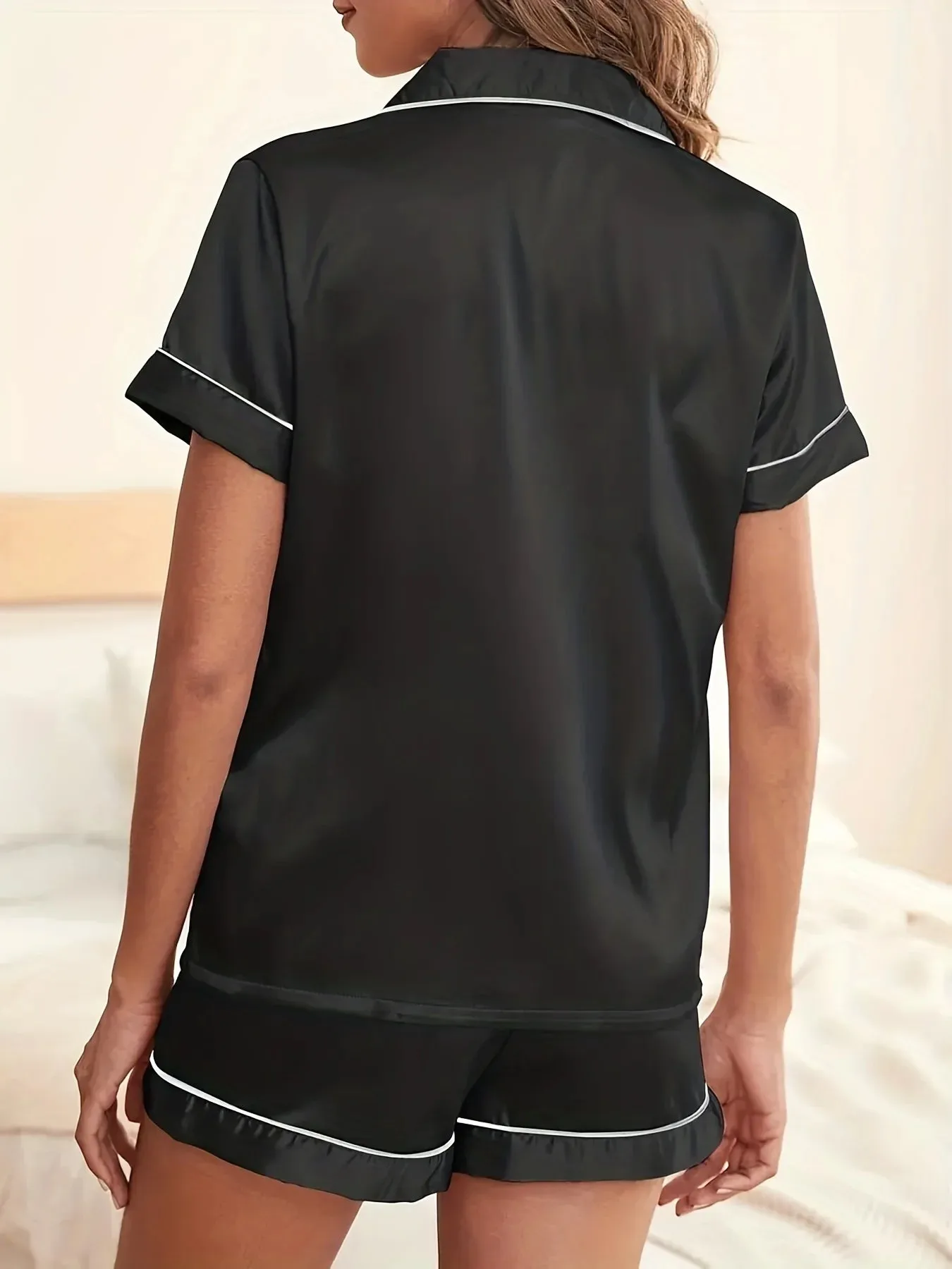 Chic Faux Silk Pajamas Set for Women Short Sleeve Button-Down Top & Comfy Shorts with Elastic Waistband Ideal for Lounging Sleep
