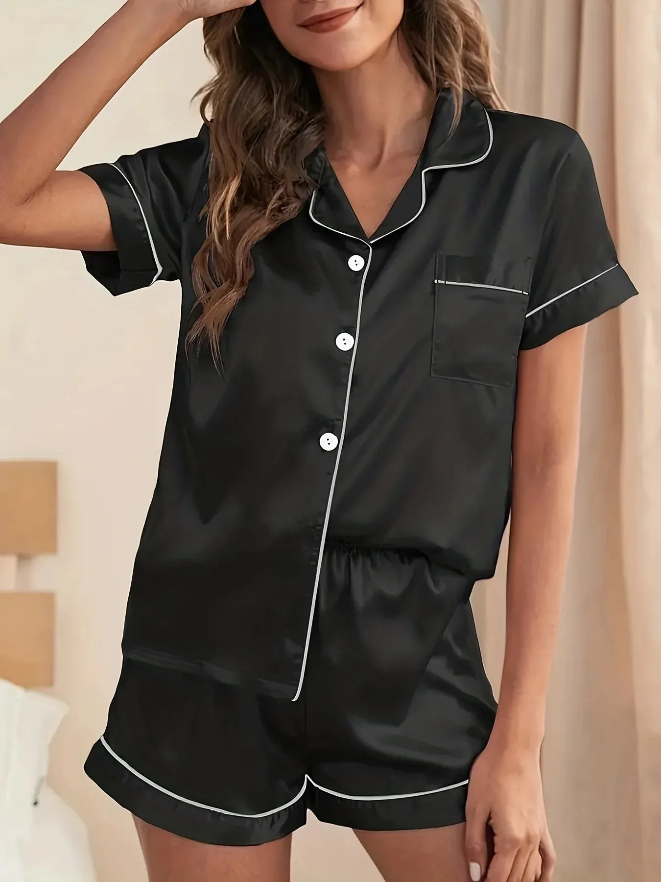 Chic Faux Silk Pajamas Set for Women Short Sleeve Button-Down Top & Comfy Shorts with Elastic Waistband Ideal for Lounging Sleep
