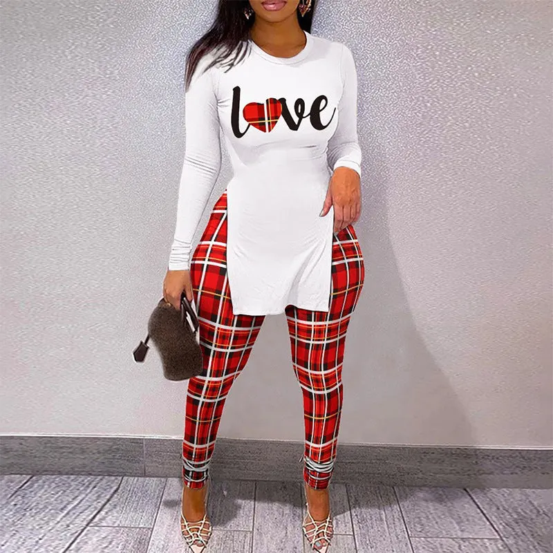 Chic Longline Graphic Top and Plaid Legging Two-Piece Set