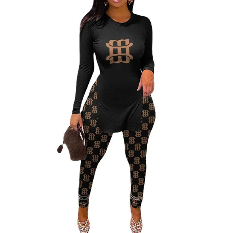 Chic Longline Graphic Top and Plaid Legging Two-Piece Set