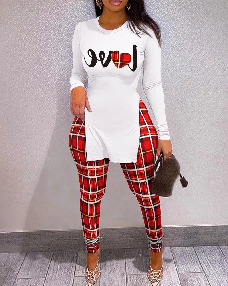 Chic Longline Graphic Top and Plaid Legging Two-Piece Set