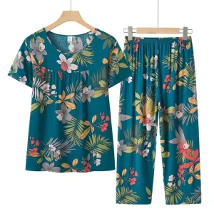 Cotton Pyjamas Women's Pajamas Set Short Sleeve Two Piece Set Casual Mother Home Clothes Pant