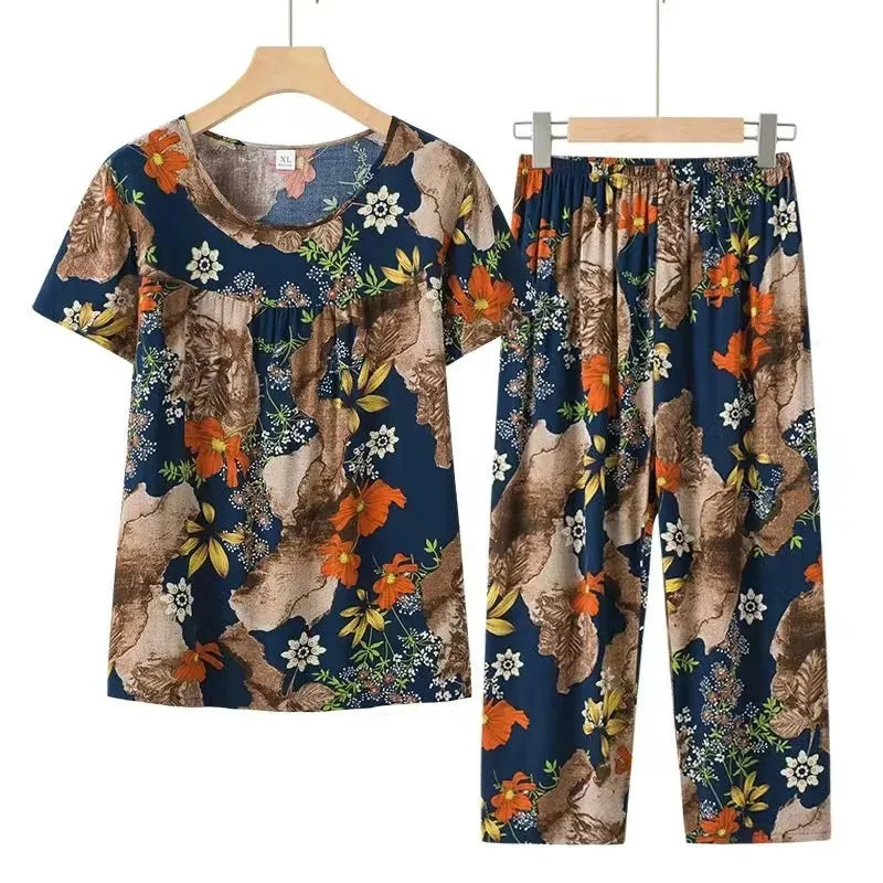 Cotton Pyjamas Women's Pajamas Set Short Sleeve Two Piece Set Casual Mother Home Clothes Pant