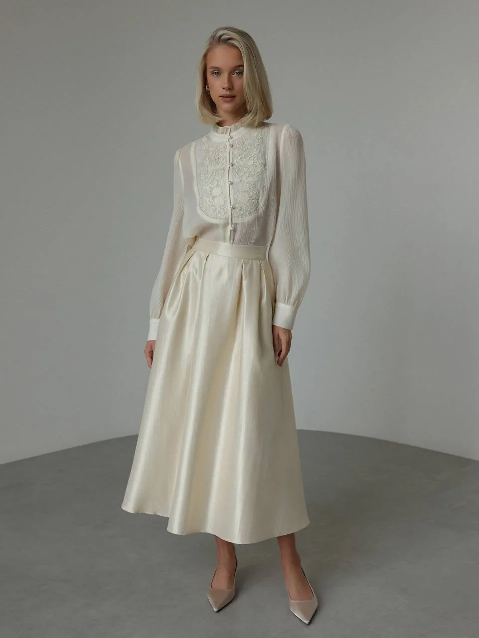 Cream Satin Midi Skirt